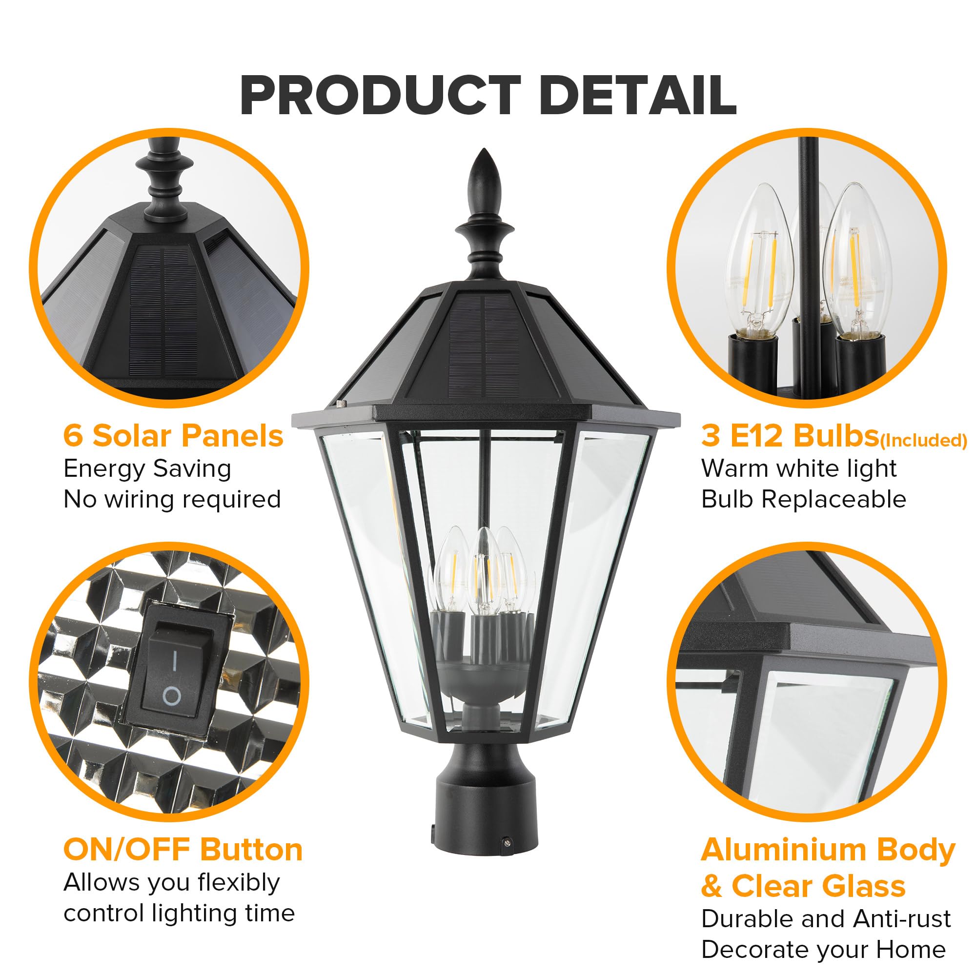 LUTEC LED Solar Post Light - Vintage Black Aluminum Head for Outdoor Lawn, Patio, Yard, Pathway, Garden (Base Not Included)