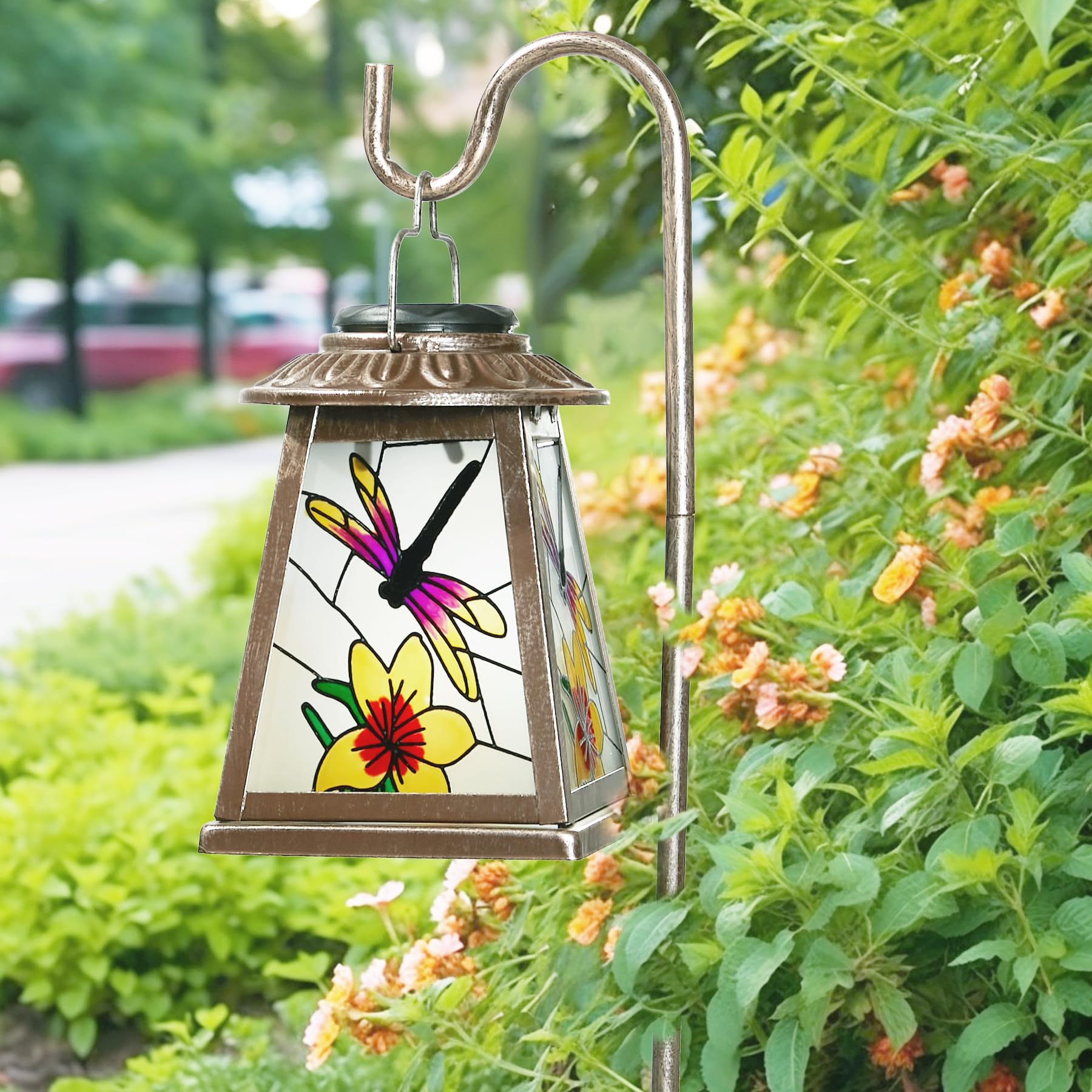 Dragonfly Solar Lantern with Shepherd Hook, Outdoor Hanging Metal LED Garden Light Waterproof for Patio Yard Pathway, Vintage Dr