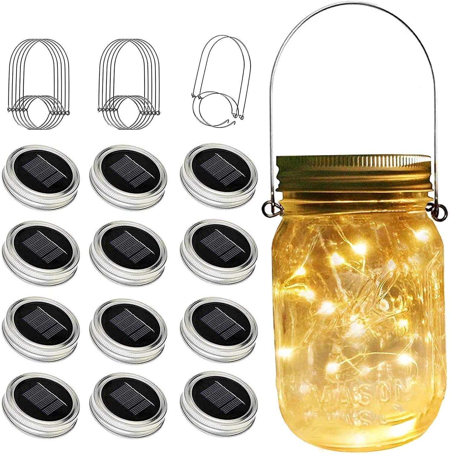 Sunkite Solar Mason Jar Lights(No Jars), 12 Pack 30 Led Waterproof Fairy Firefly Jar Lids String Lights With Hangers, Patio Yard