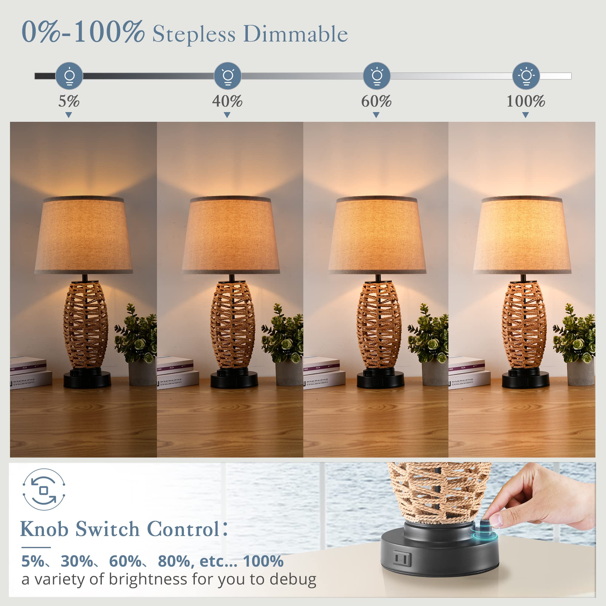 LEDIARY Coastal Rattan Table Lamp with AC Outlet and 2 USB Ports, 0-100% Dimmable Wicker Lamps for Bedrooms Set of 2, Farmhouse