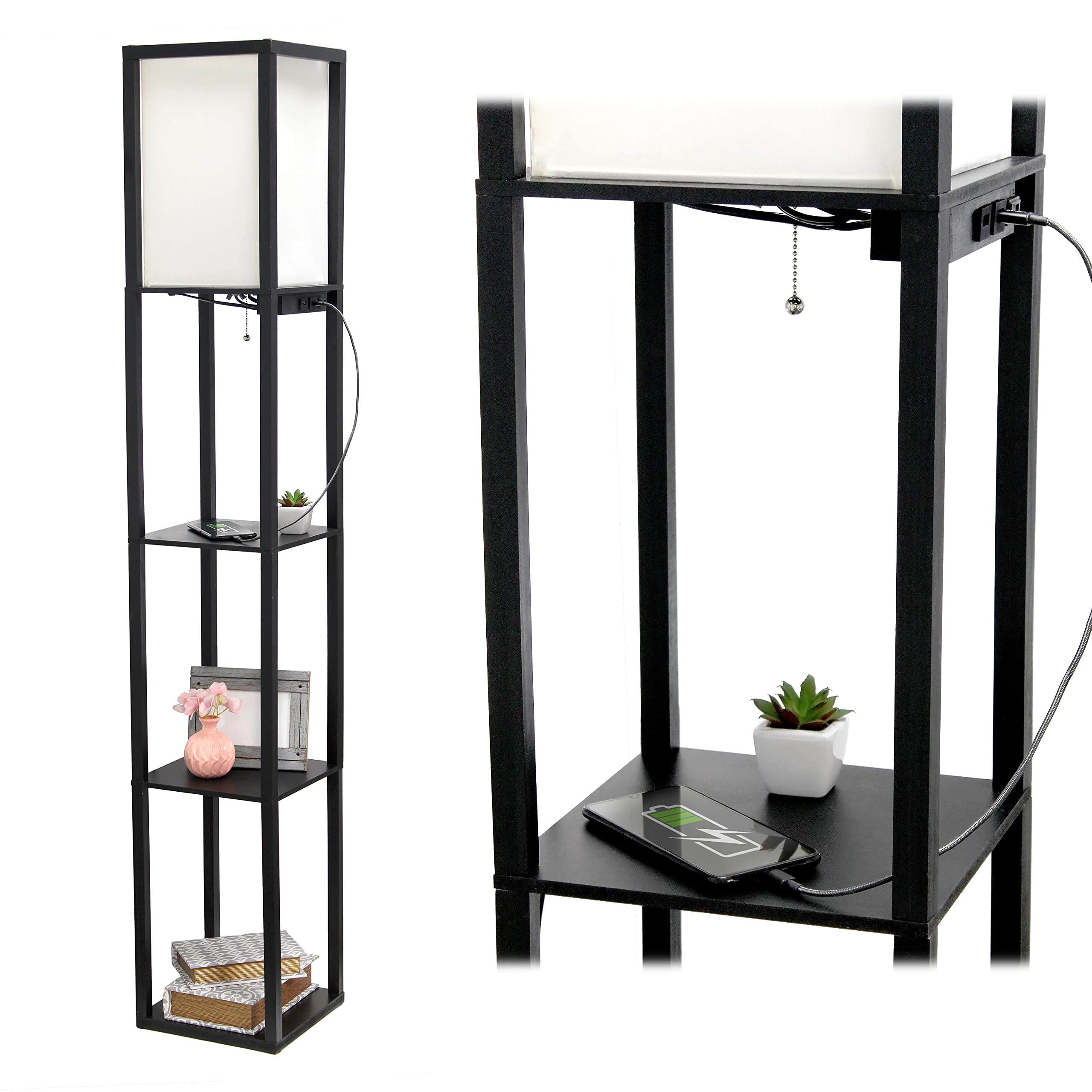 Simple Designs Lf1037-Blk Floor Lamp Etagere Organizer Storage Shelf With 2 Usb Charging Ports, 1 Charging Outlet And Linen Shade, Black