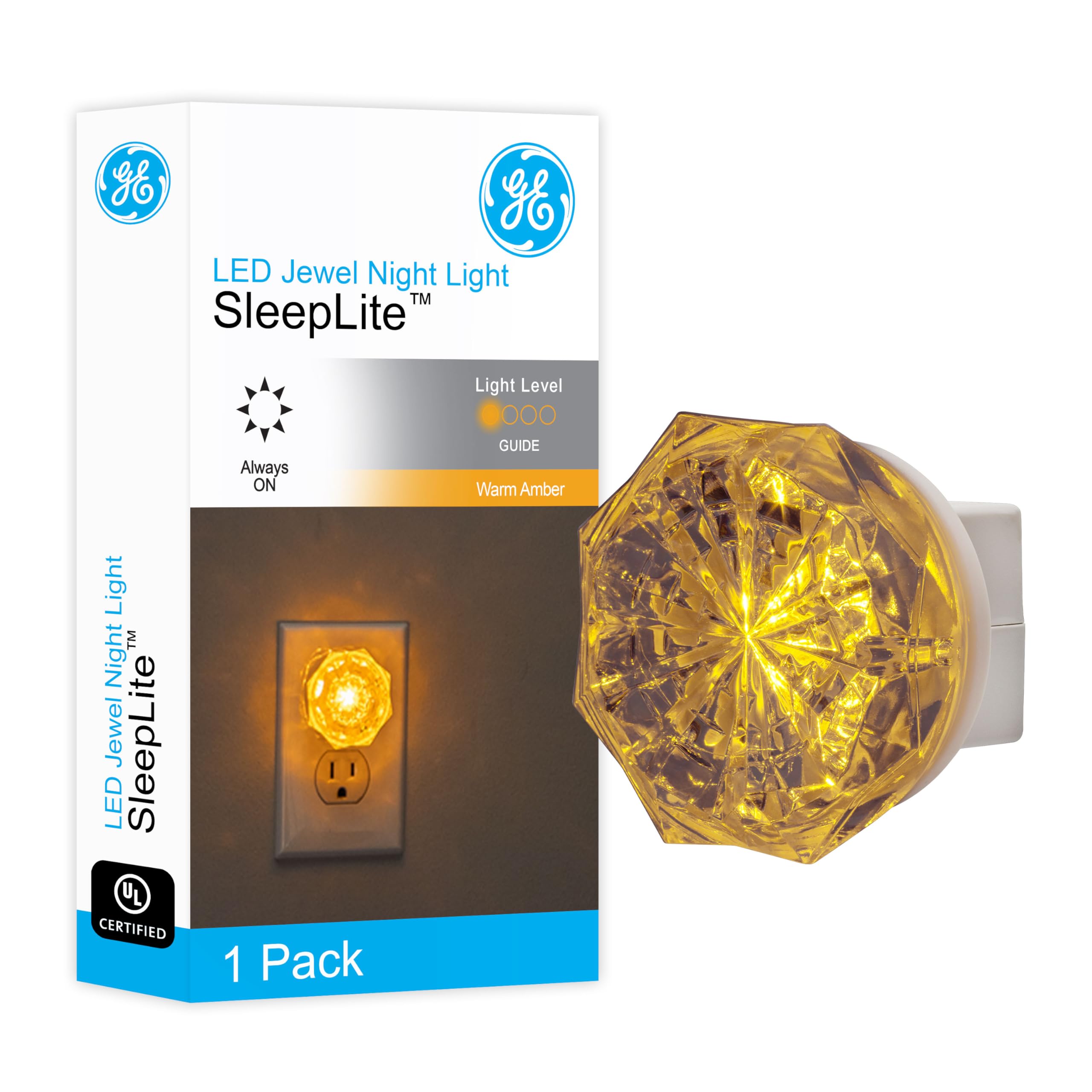 GE Jewel LED Night Light, Plug-in Amber, Energy Efficient, UL-Certified, 1 Pack, Model 11291