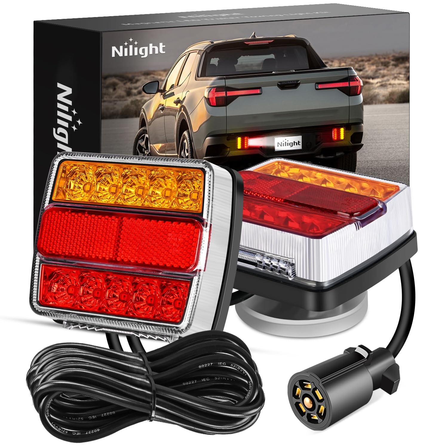 Nilight Magnetic LED Trailer Towing Light Kit 24ft Cable with 7 Pin Plug Tail Stop Amber Turn Signal License Plate Light on 12V RV Pickup Trucks Marine Boats Trailers, 5 Wire System