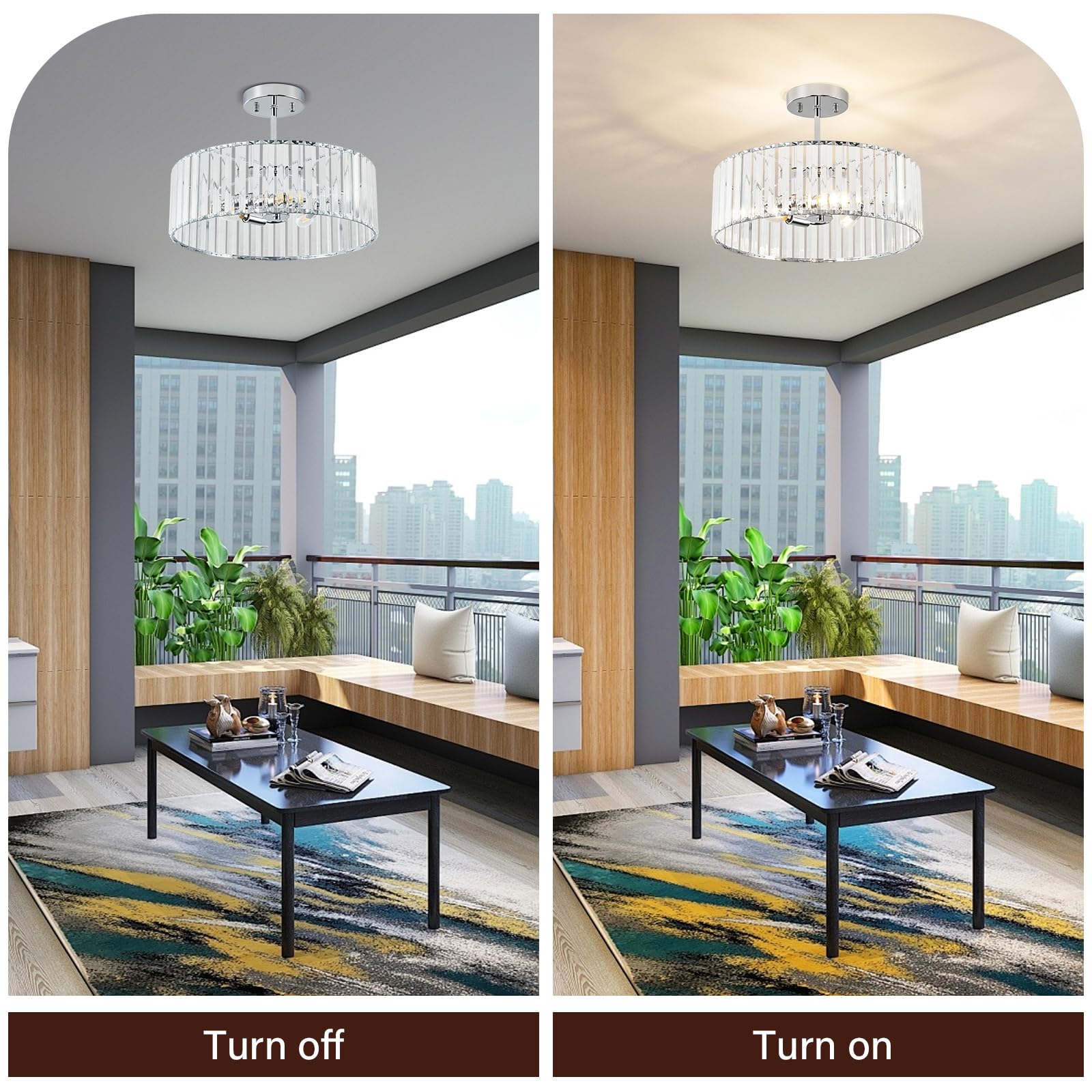 Pevfah Crystal Semi Flush Mount Ceiling Light Fixture, Chrome Modern 3-Light Chandelier Lighting, Round Ceiling Lights For Livin