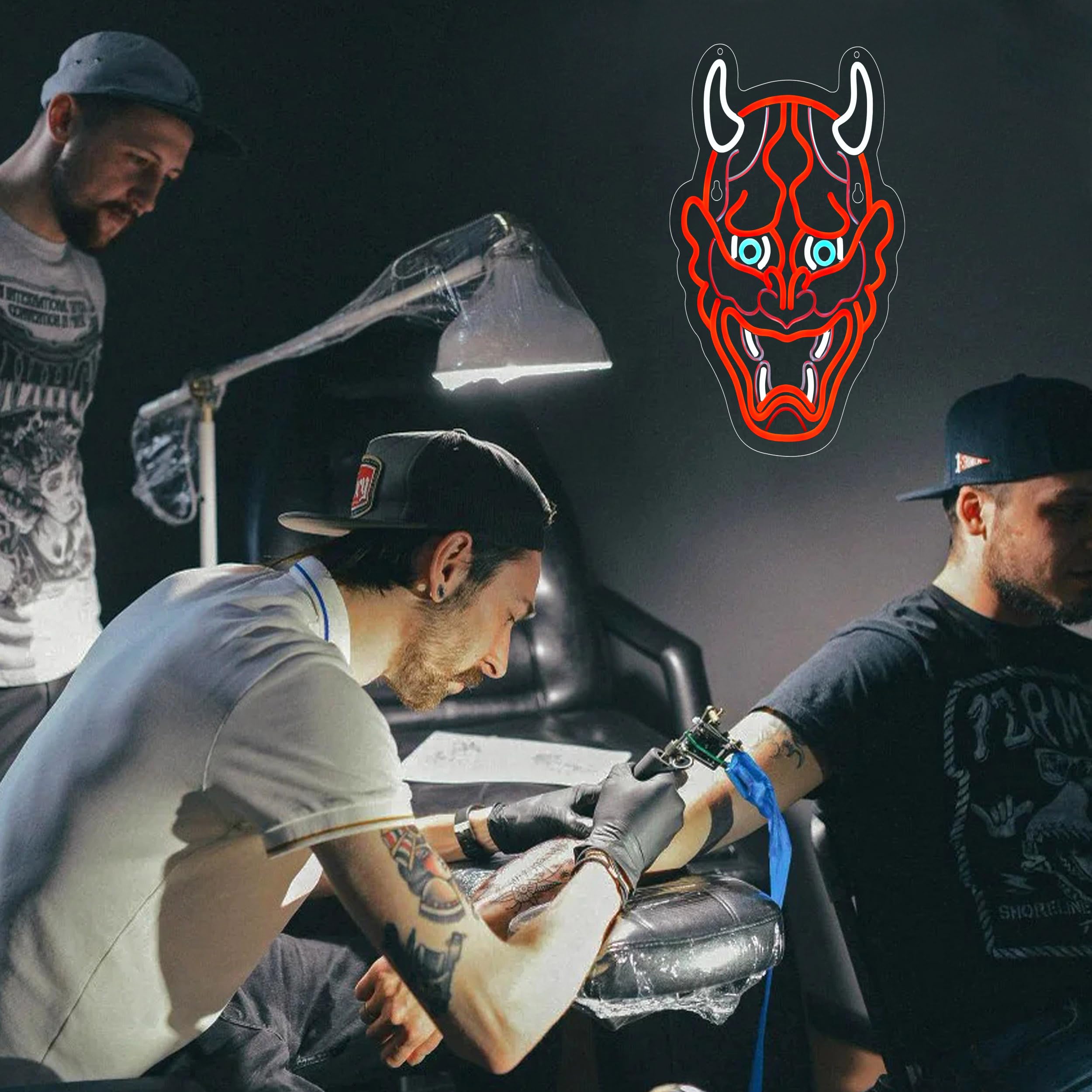 ZODZ Neon Hannya Mask Sign for Wall Décor, Dimmable LED Light, USB Powered, Red+Blue+White