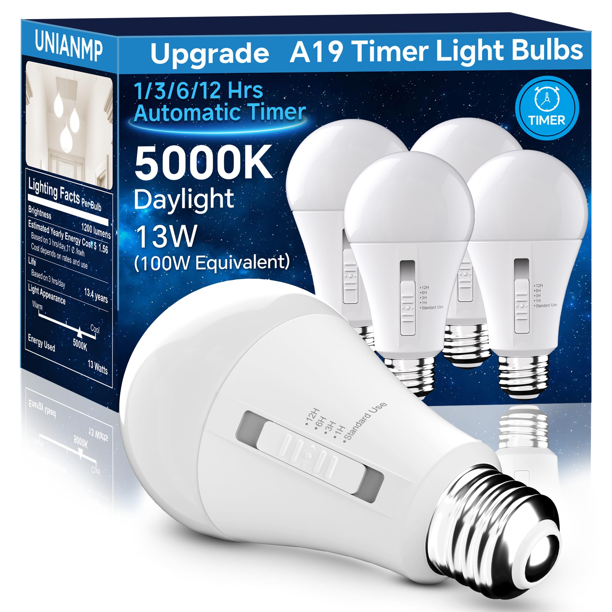 Unilamp Timer Led Light Bulb With Built-In Auto On/Off, A19 5000K Daylight 13W 100W Equivalent Led Bulbs, E26 Indoor Automatic S
