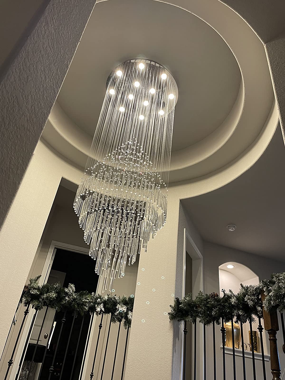 CRYSTOP Luxury 12-Lights Round Crystal Chandelier, High Ceiling Flush Mount, D31.5" x H86.7", Silver Finish for Hallway and Entryway