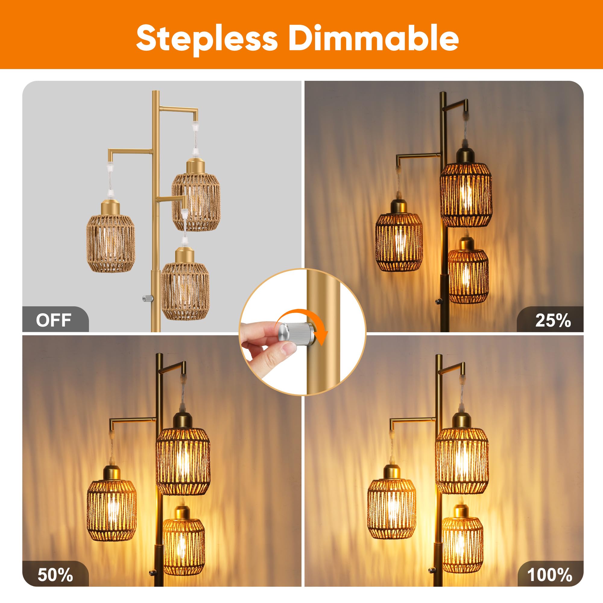 ROTTOGOON Dimmable Floor Lamp - 3 Light Rattan Lamp, 68in, Gold/Brown, Metal, Model ROFP125AJ1