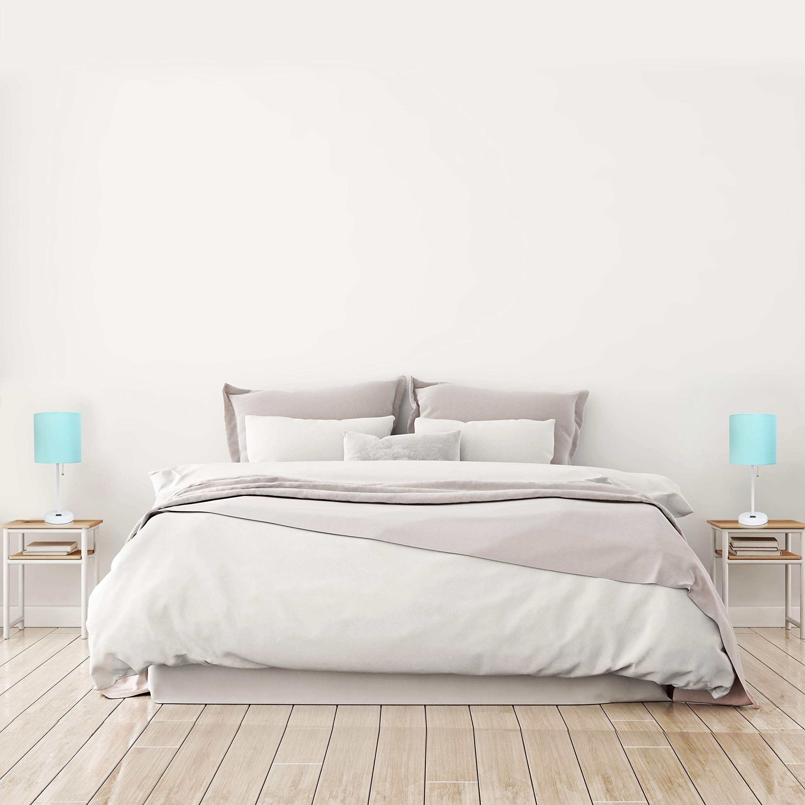 Simple Designs Lc2002-Aow-2Pk White Stick Table Lamp Set With Usb Charging Port And Aqua Fabric Shades, 2 Pack Set