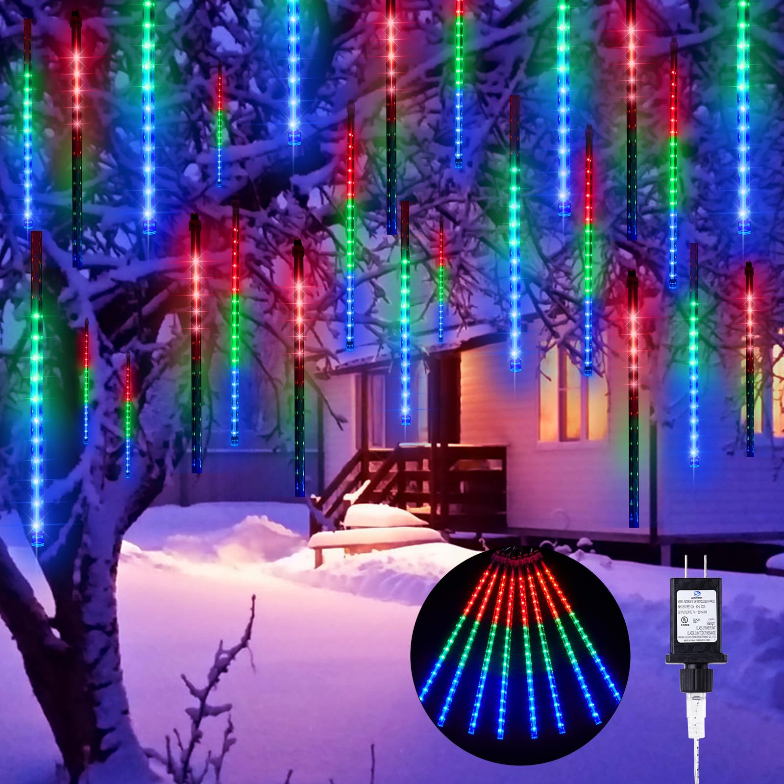Meteor Shower Lights Outdoor, 16 Inches 2 Pack Total 16 Tubes 576 LED Christmas Icicle Lights Outdoor, Waterproof Snowfall Light