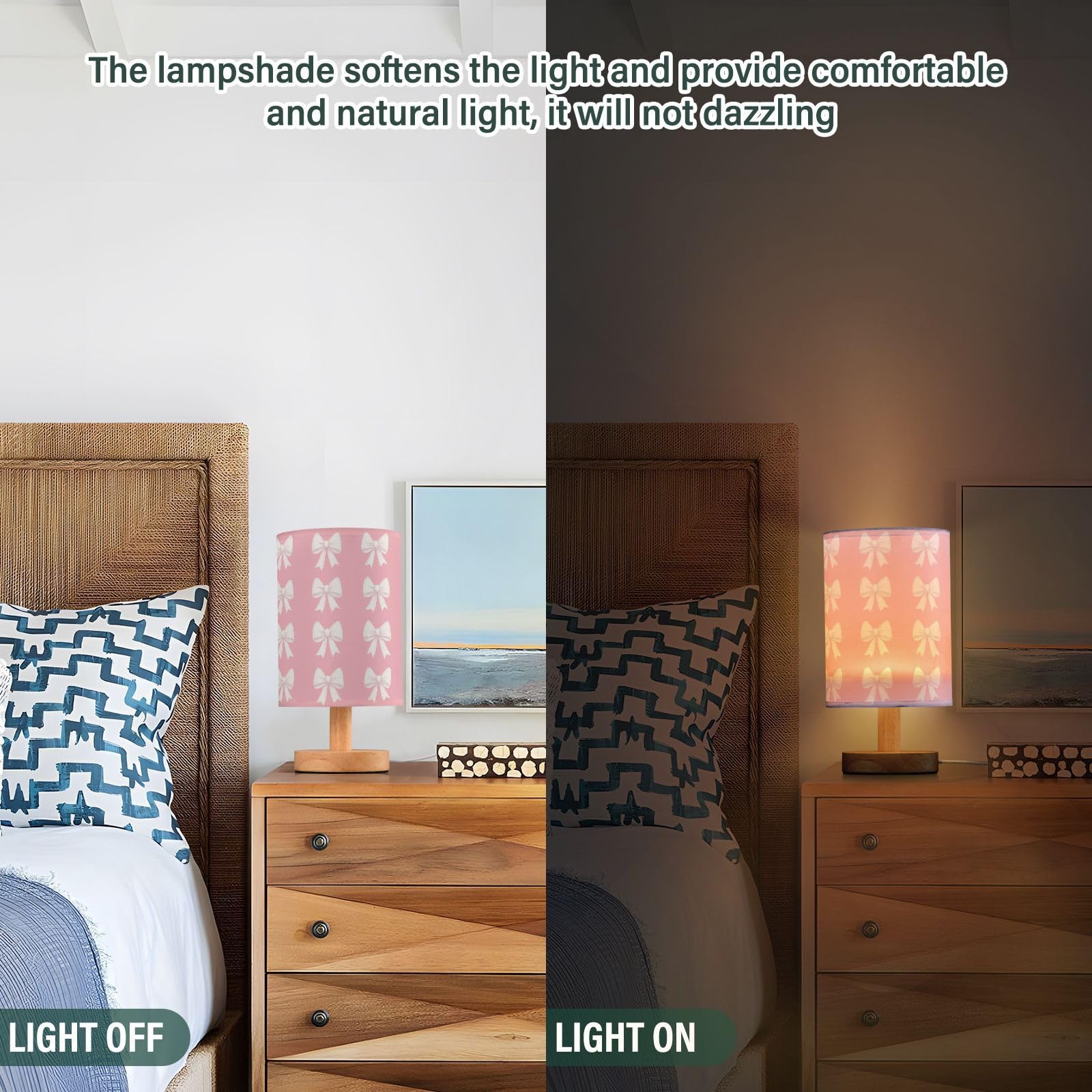 Oarencol Bedside Table Lamp Cute White Bow Pink Nightstand Lamp With Wood Desk Lamps For Bedroom Living Room Nursery Office Home