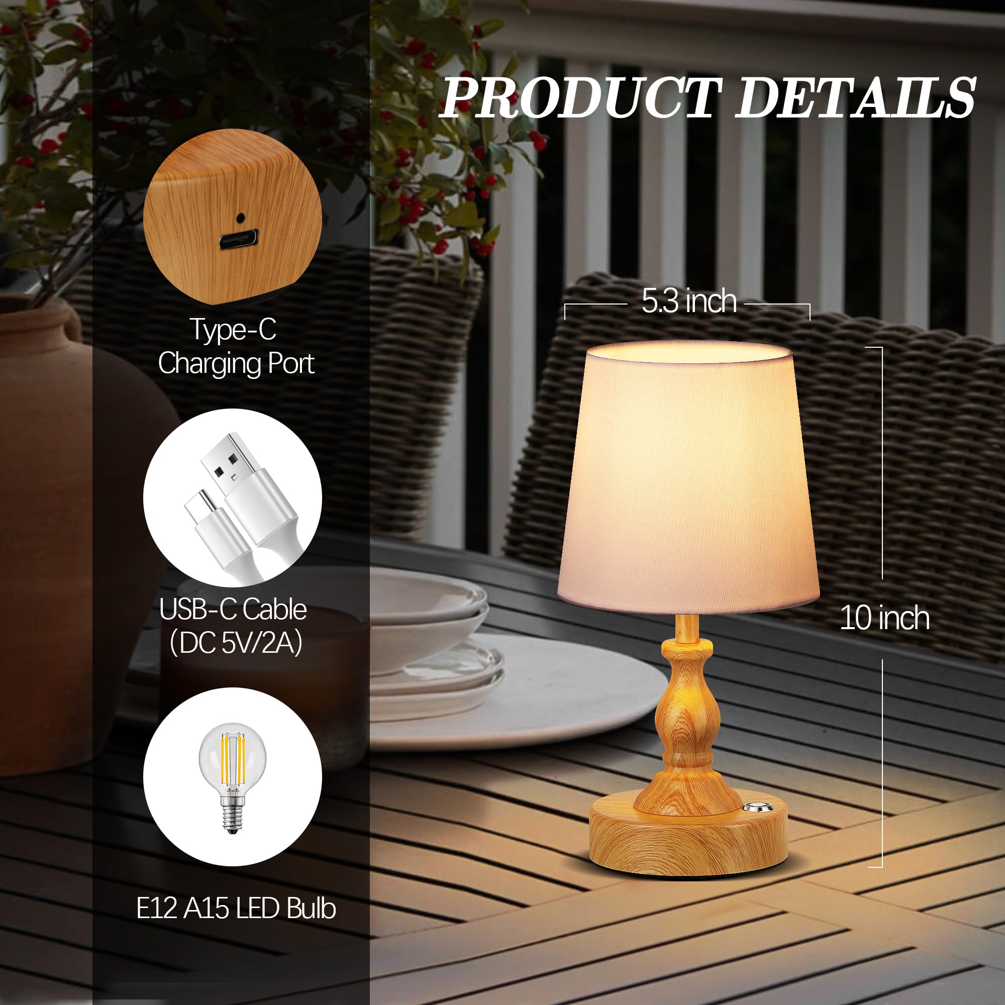 PARTPHONER Mini Cordless LED Table Lamp - Rechargeable 5200mAh, Touch Dimmable, 3-Level Brightness, Wood Grain Finish, Model STR-LP-TL001