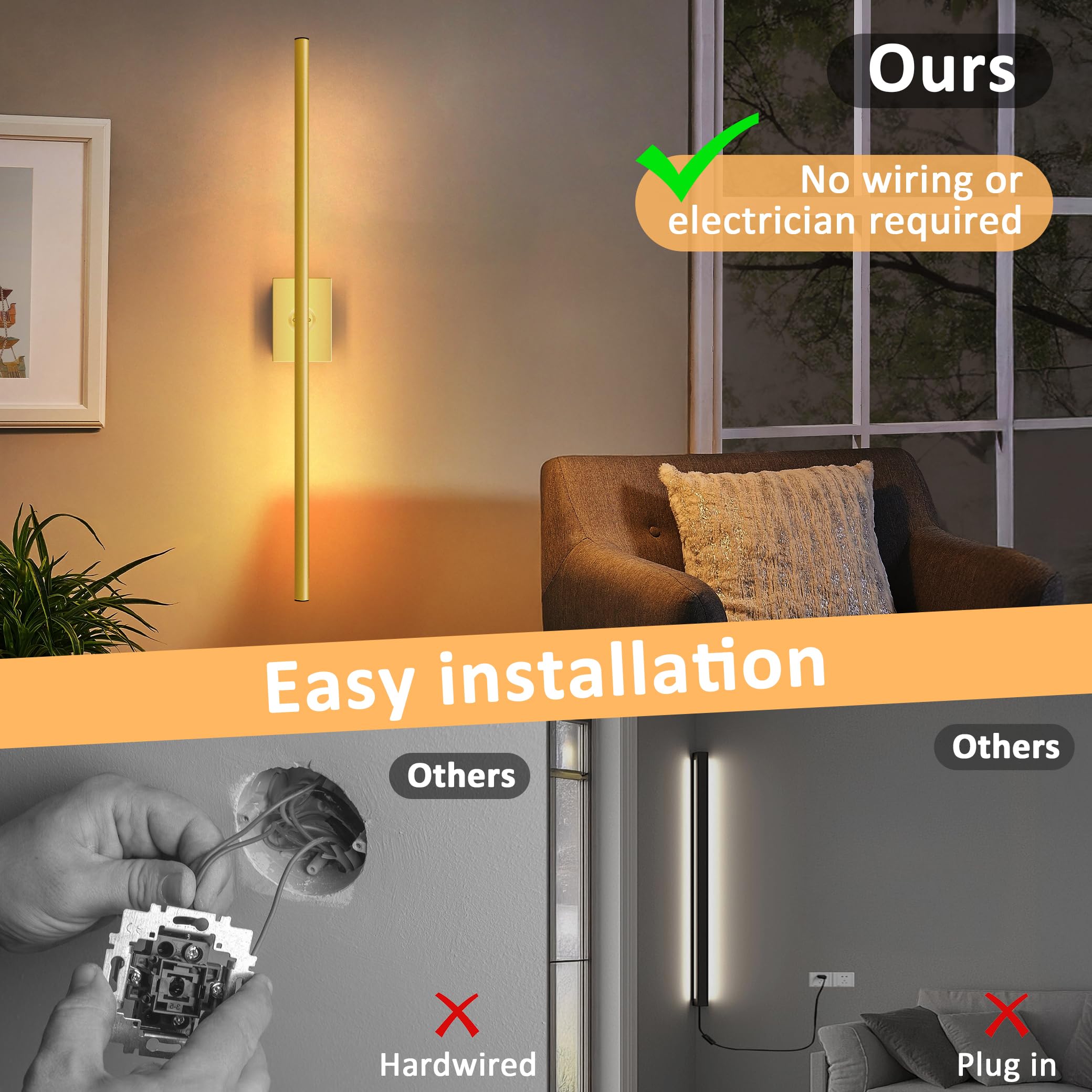 Yurnero Battery Operated Wall Sconces With Remote Control,Wall Sconces Wall Decor Set Of Two, 3000K-6000K Led Wireless Wall Ligh