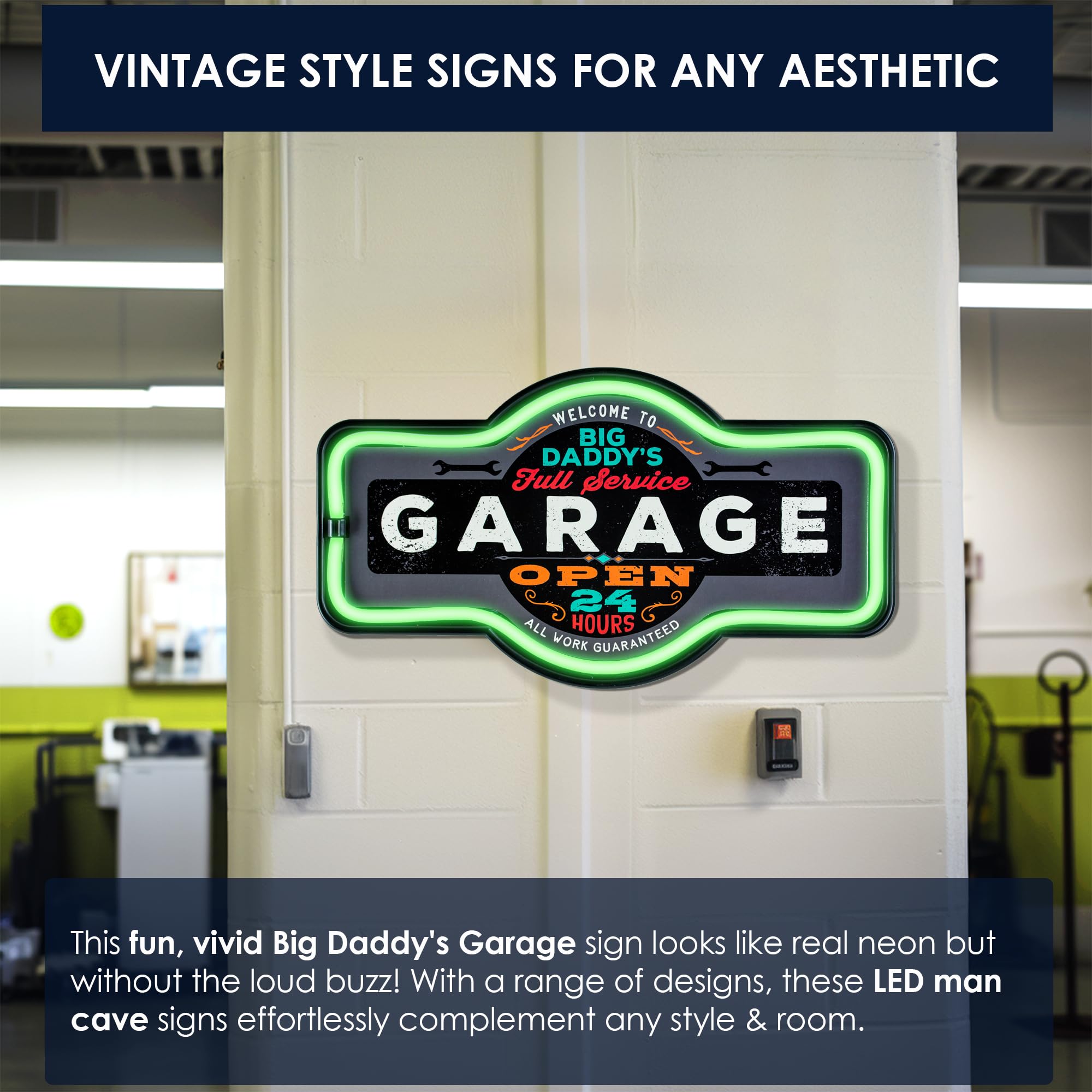 SOTT Vintage Advertising Marquee Sign - LED Neon Style Light, Plastic, 17 x 10 x 3 Inches, Big Daddys Garage, Model 0IF-HD4-XQ9