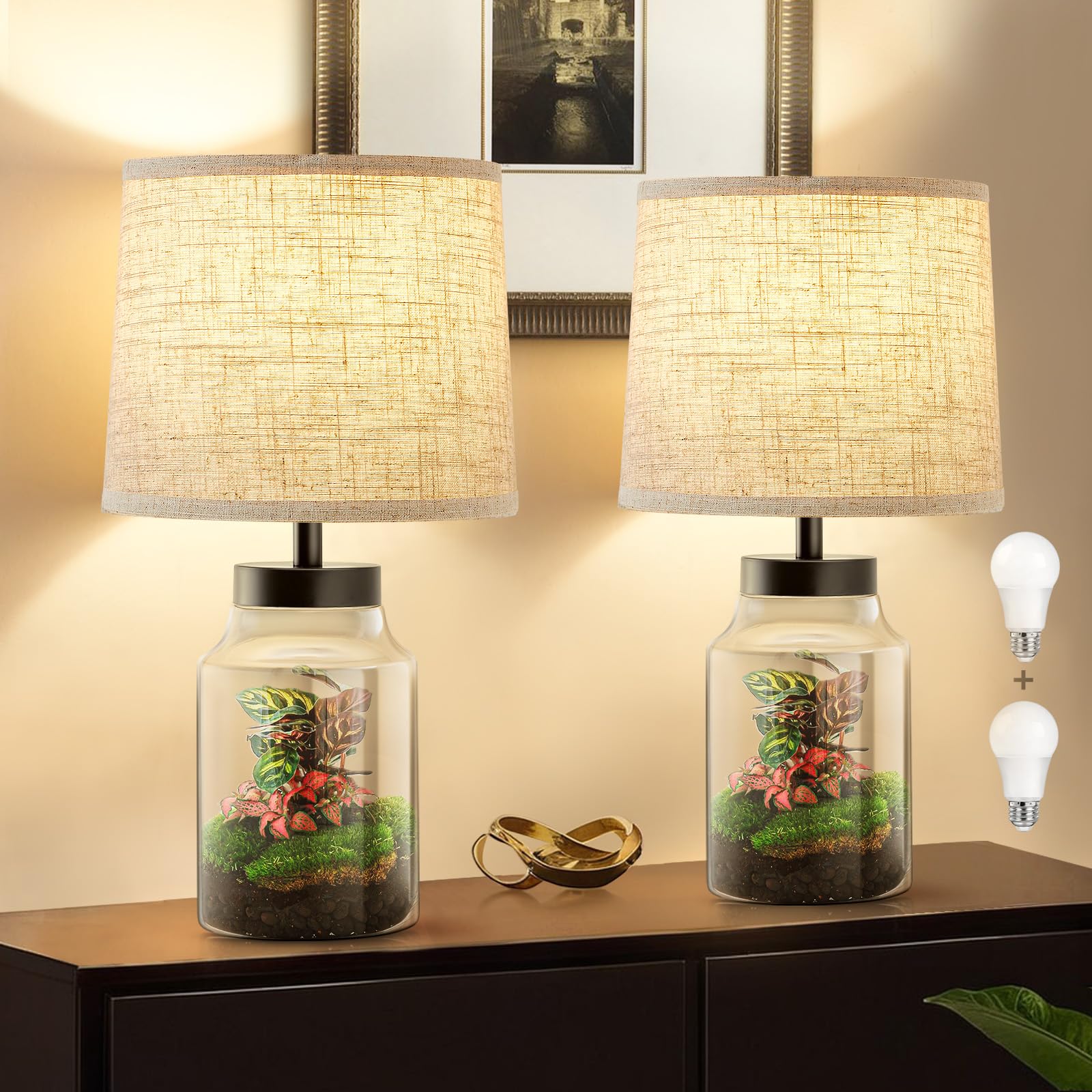 GyroVu Table Lamp Set of 2, Clear Glass, Metal, Oat Lampshade, Model B0CY523GJ2, Nightstand Lamps for Living Room and Bedroom