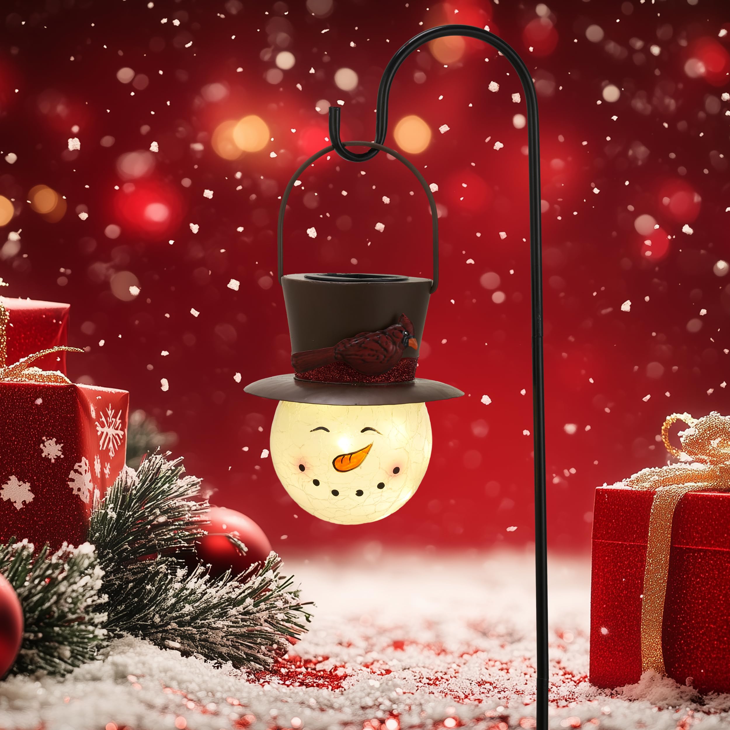 TERESA'S COLLECTIONS Outdoor Christmas Decorations for House, 36'' Snowman Glass Solar Lantern Stake with Brown Cardinal Hat, Xm