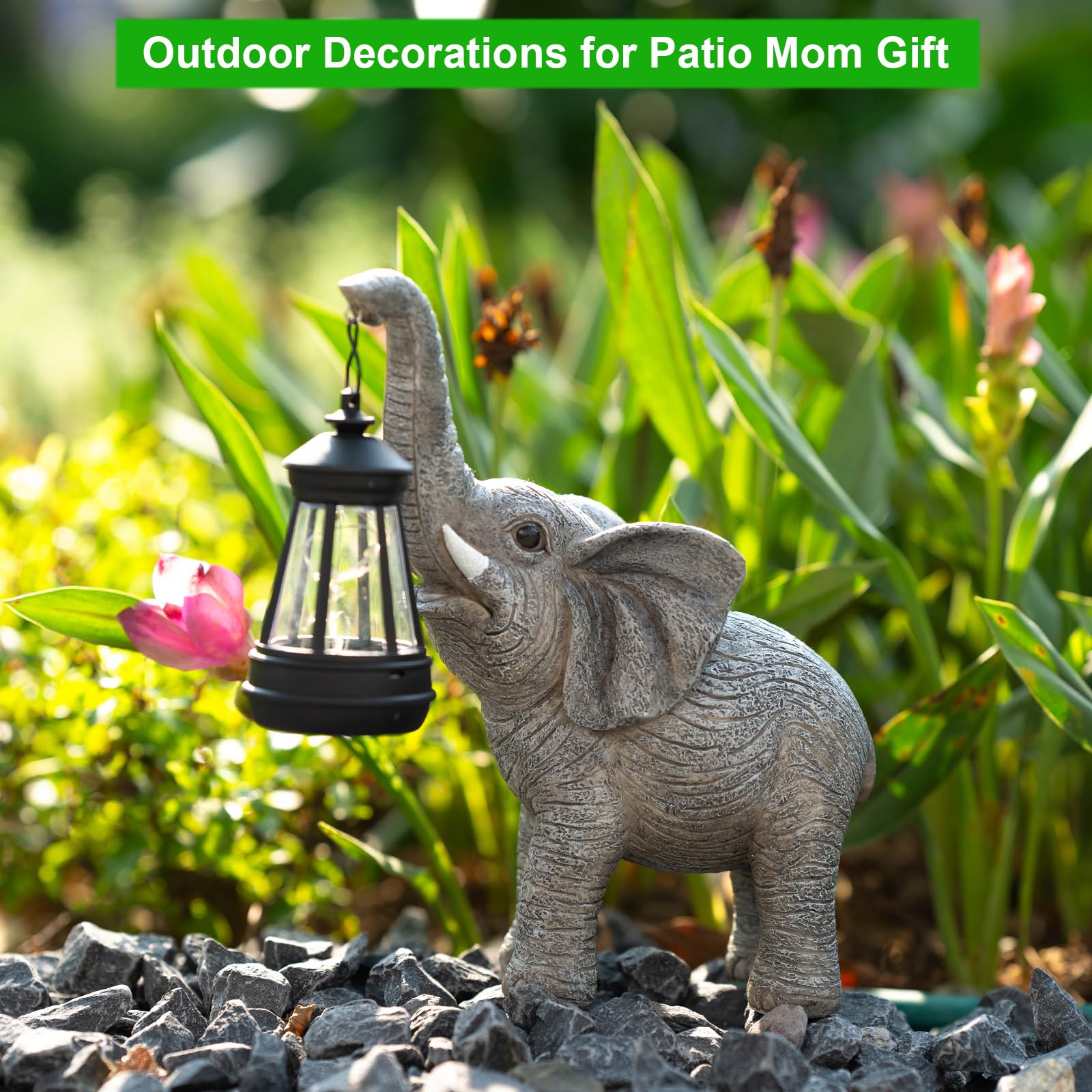 Candieslife Solar Garden Statue Lights Elephants Figurine With Solar Lantern, Outdoor Yard Decorations For Patio Porch Home, Chr