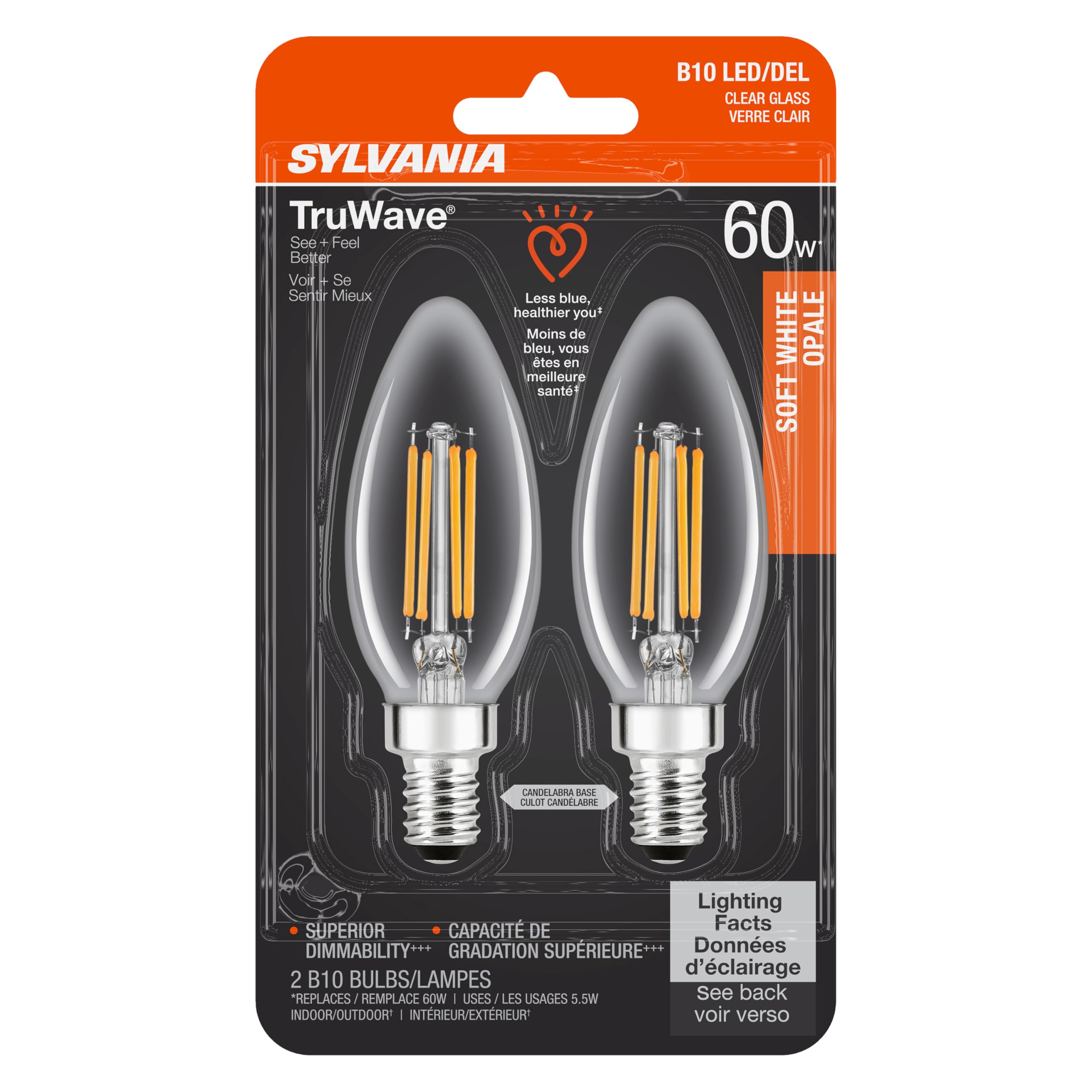 Sylvania Led Truwave Natural Series D  Cor B10 Light Bulb, 60W Equivalent Efficient 5.5W, Candelabra Base, Dimmable, Clear 2700K