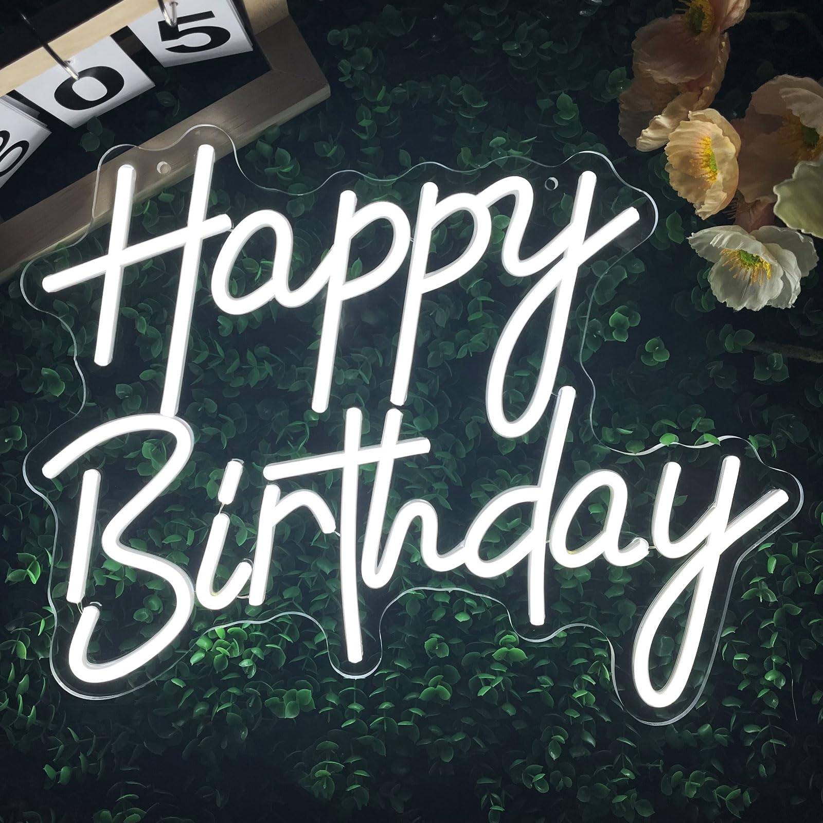 Nen Sign Happy Birthday Neon Light Sign, Dimmable LED Wall Decor, 15.7x13 Inch, White Acrylic