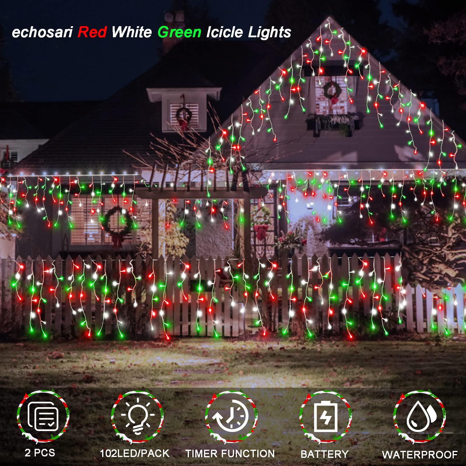 2 Pack Red White Green Christmas Icicle Lights Battery Operated, Total 204 Led Twinkle Icicle Lights 20Ft Clear Wire With 8 Ligh