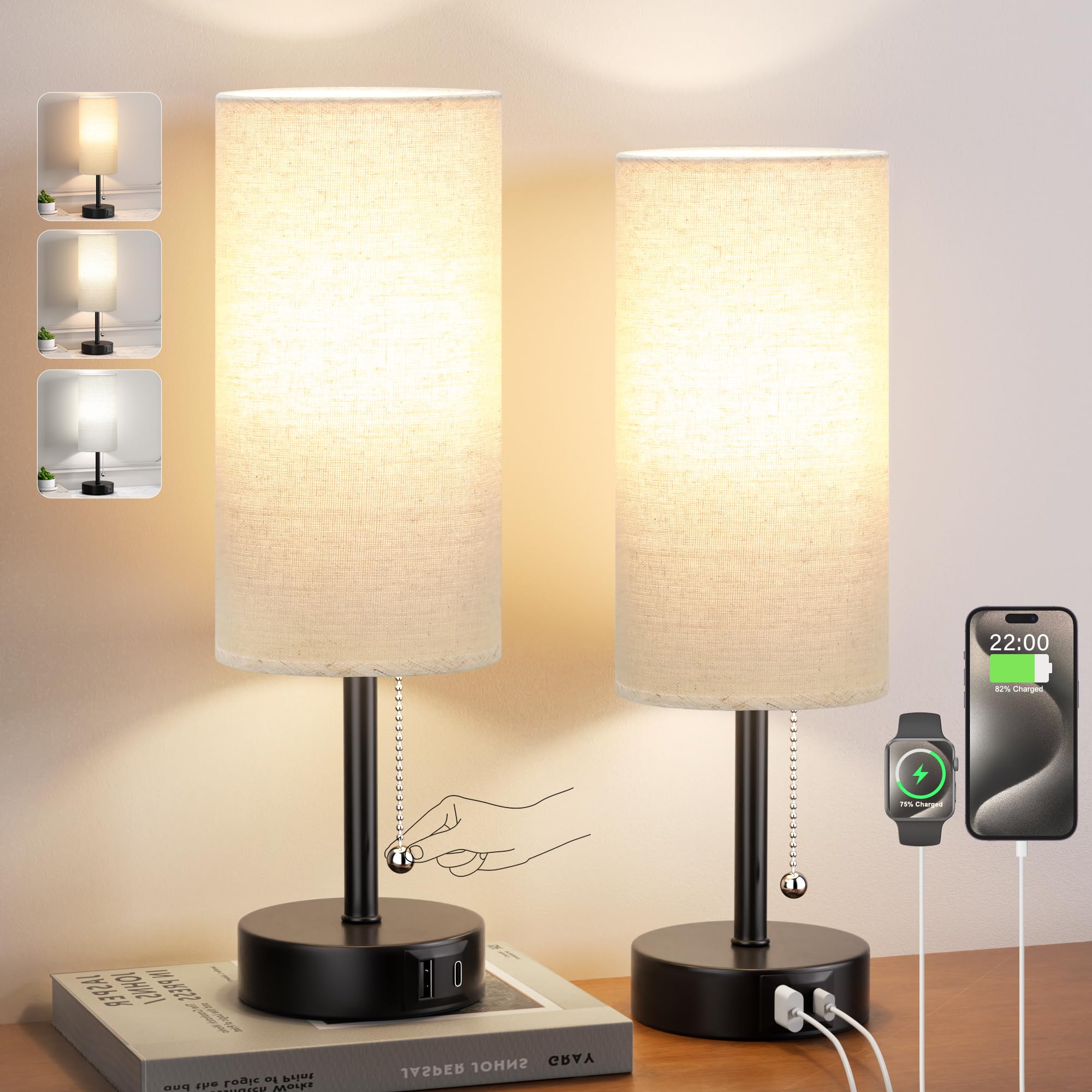 Bedside Lamps For Bedroom Set Of 2 - Nightstand Table Lamp With Usb A + C Charging Port, 3 Color Temperatures Pull Chain Night S