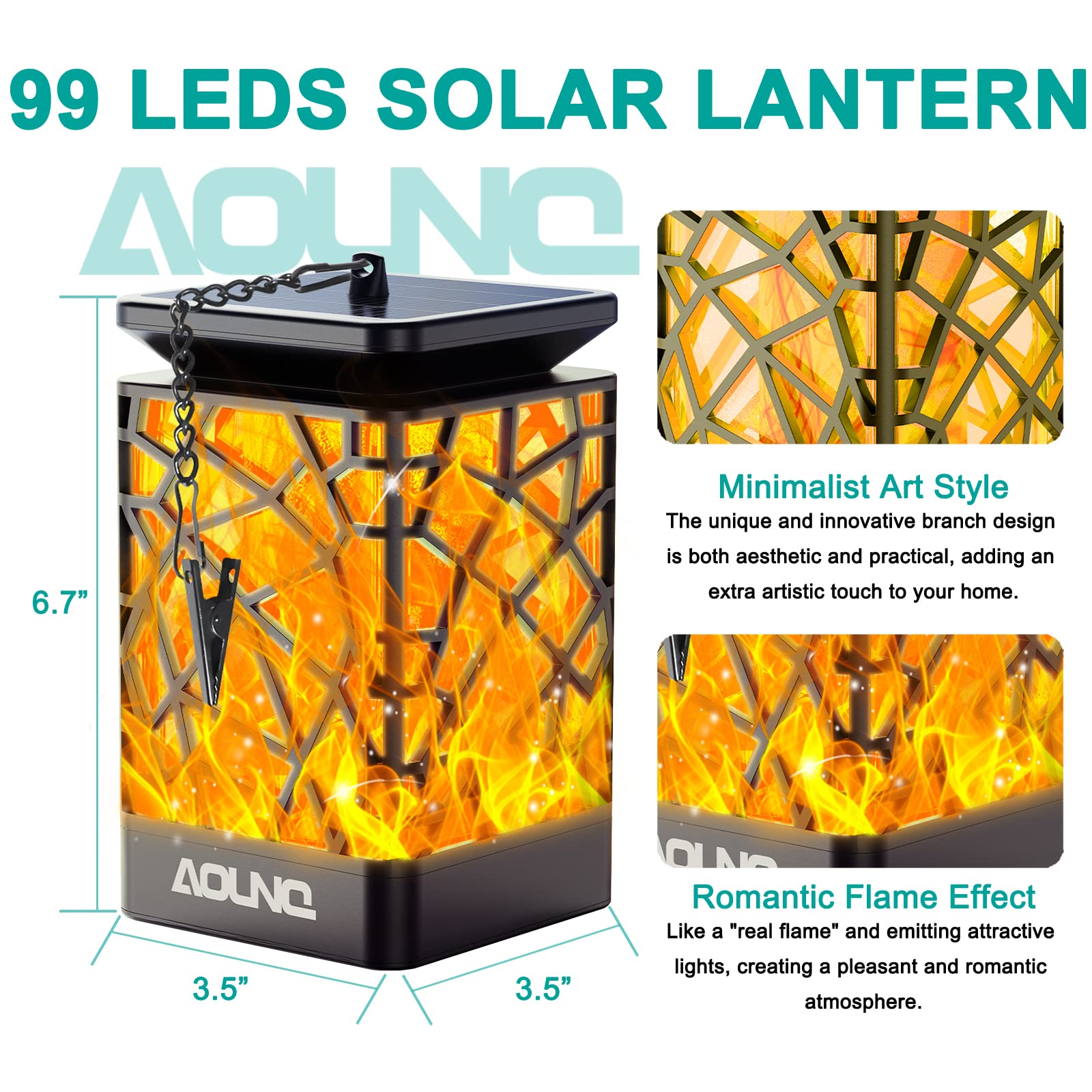 AOUNQ Solar Lanterns Outdoor Waterproof 2 Pack - Upgraded Hanging Solar Lights with 99 LEDs Flickering Flames for Garden Patio Y
