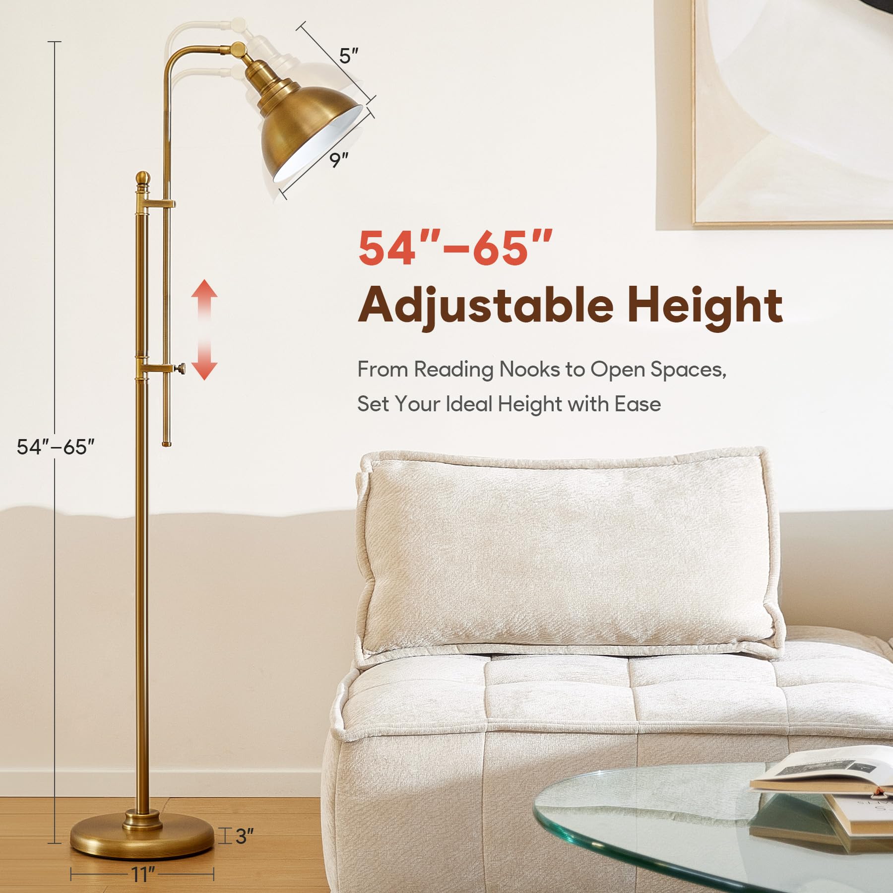 VONLUCE 65" Brass Industrial Floor Lamp, Adjustable Height & Head, Vintage Metal Reading Lamp for Living Room, Bedroom, Office
