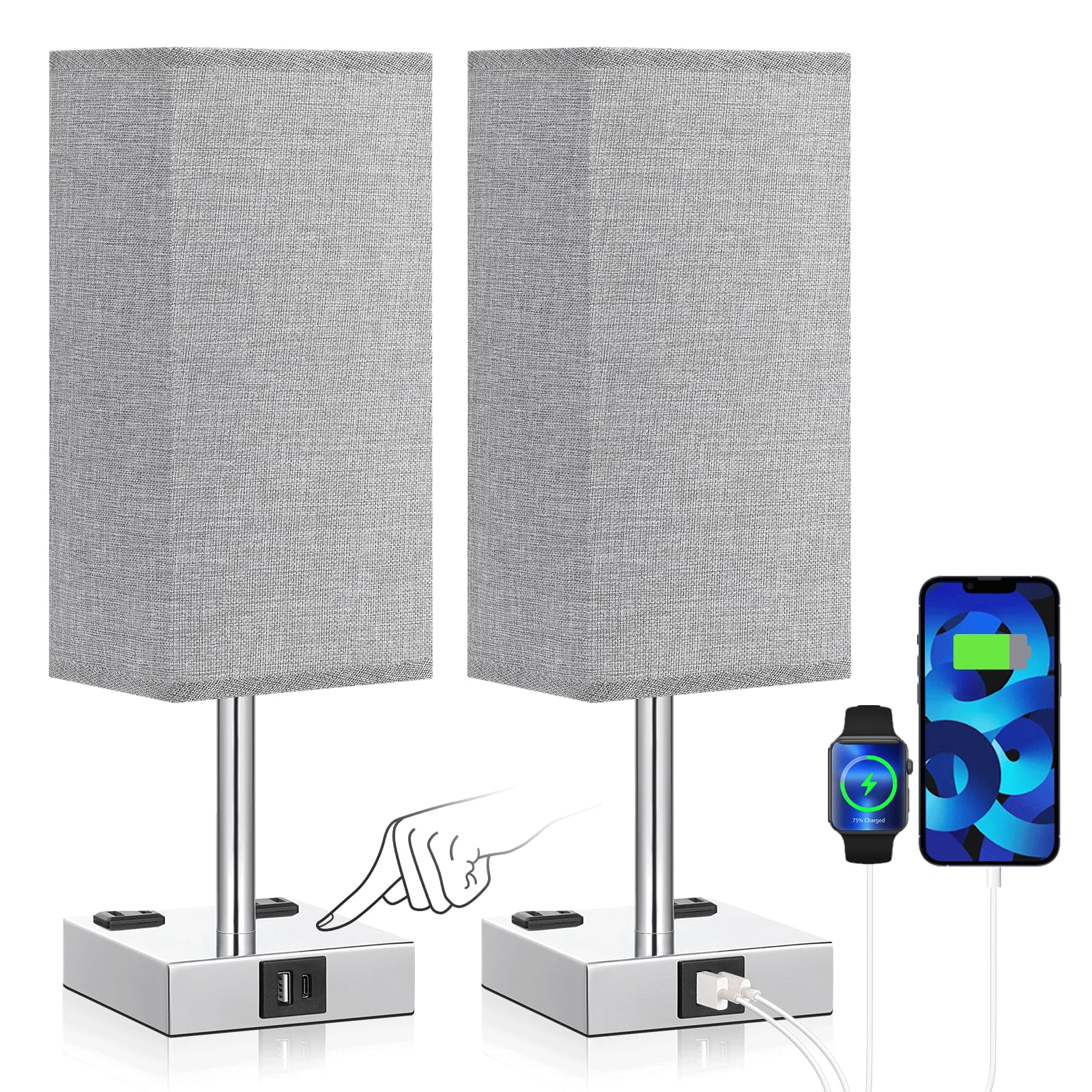 aooshine Gray Set of 2 Touch Lamp with USB Port-Nightstand Lamp with USB-C+A Charge Ports& AC Outlets, 3-Way Dimmable Bedside La