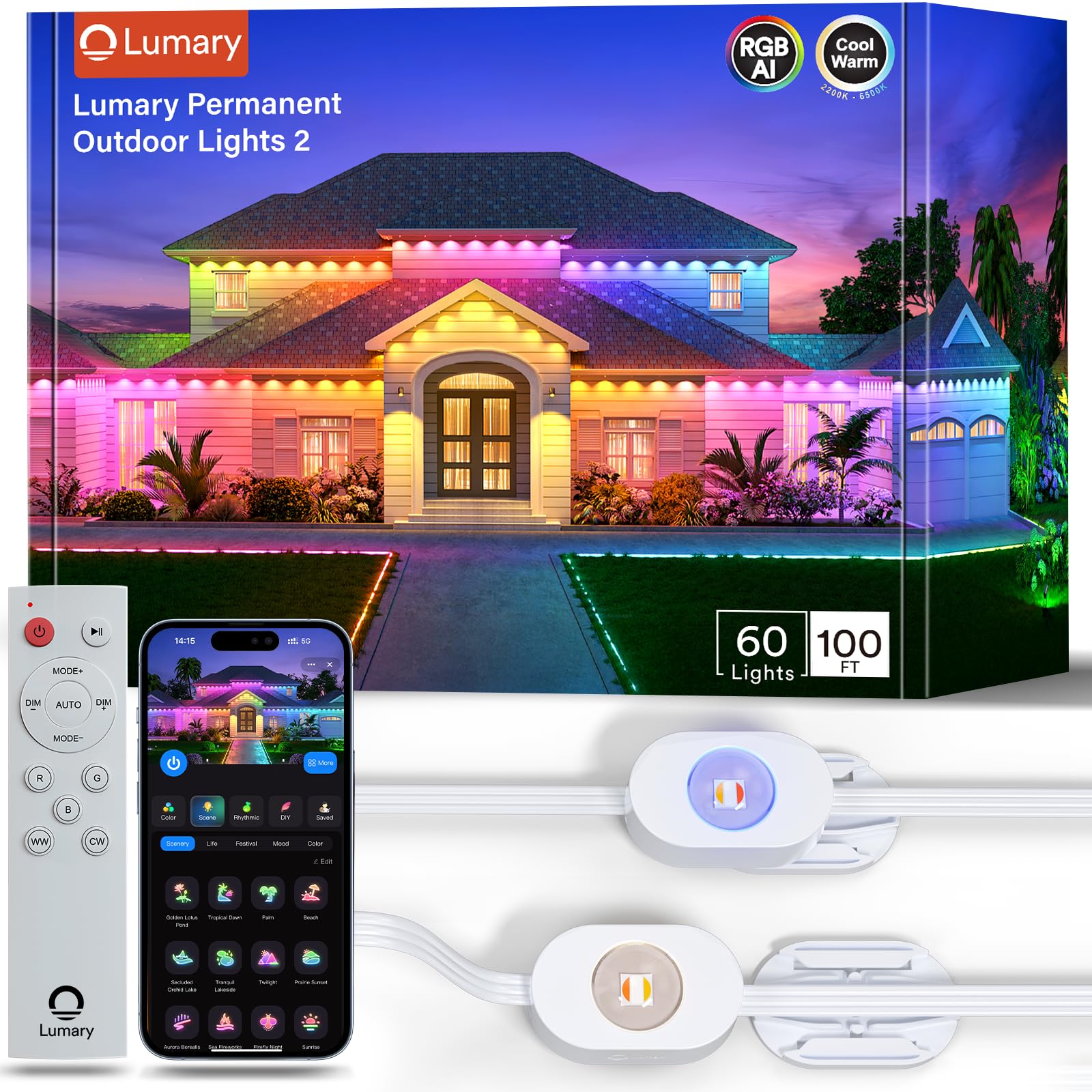Lumary Outdoor Lights 100ft with Remote, 60 RGBAICW LEDs, White, Gen2-Model L-PO60F1, 110+ Scene Modes, Alexa & Google Compatible