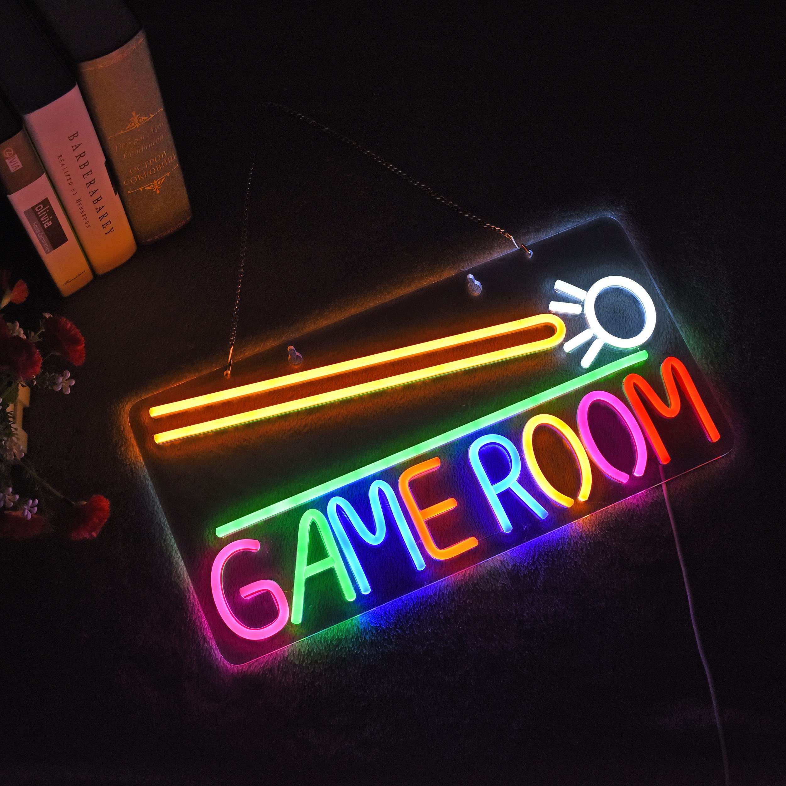 Roouneon LED Neon Light Sign for Game Room, Billiards, Dimmable, Green+White, Acrylic, Model LED-GR Billiards