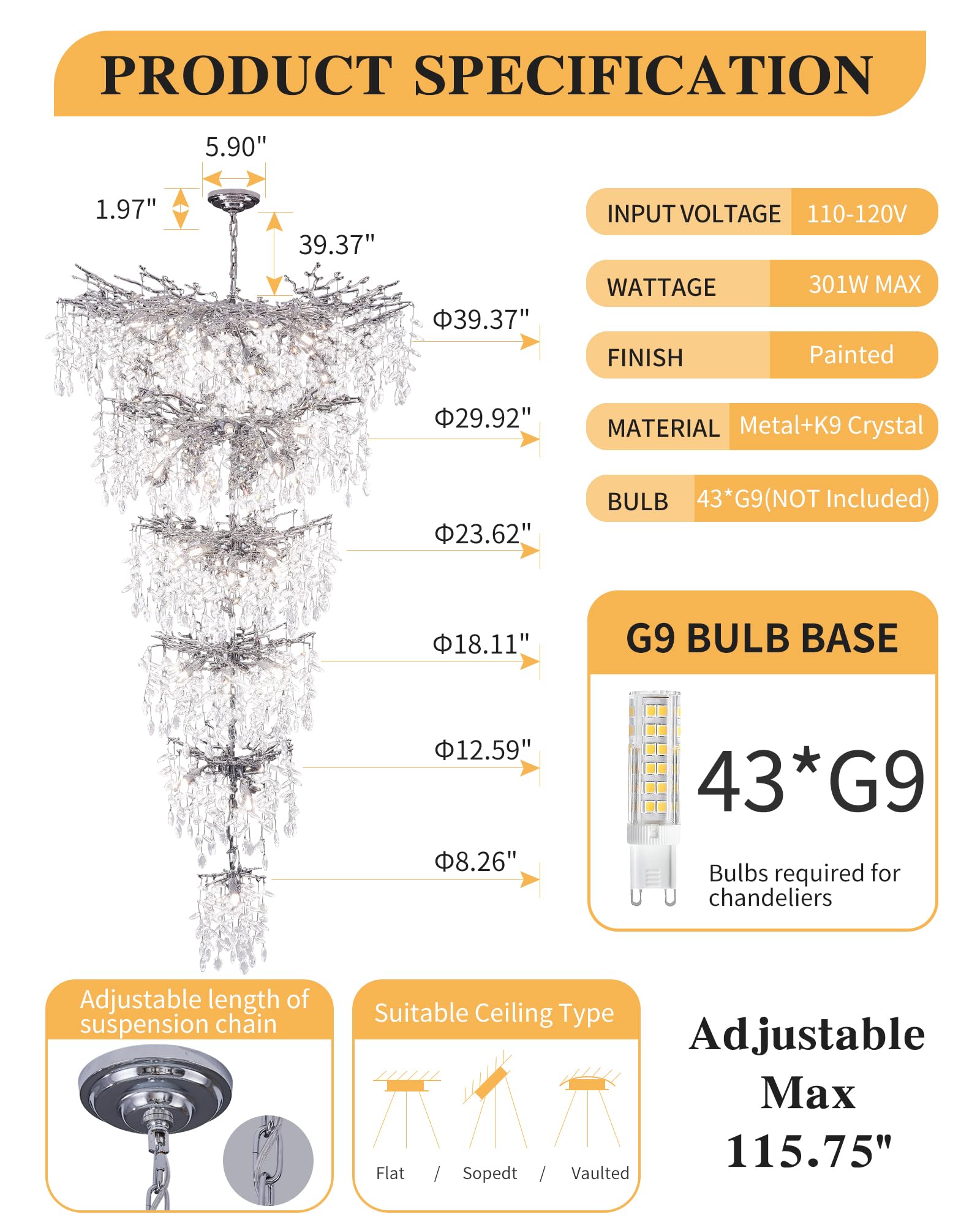 Luxury Silver 6-Tier Large Foyer Entrance Crystal Chandeliers Modern Long Staircase K9 Chandeliers For High Ceiling Big Crystal