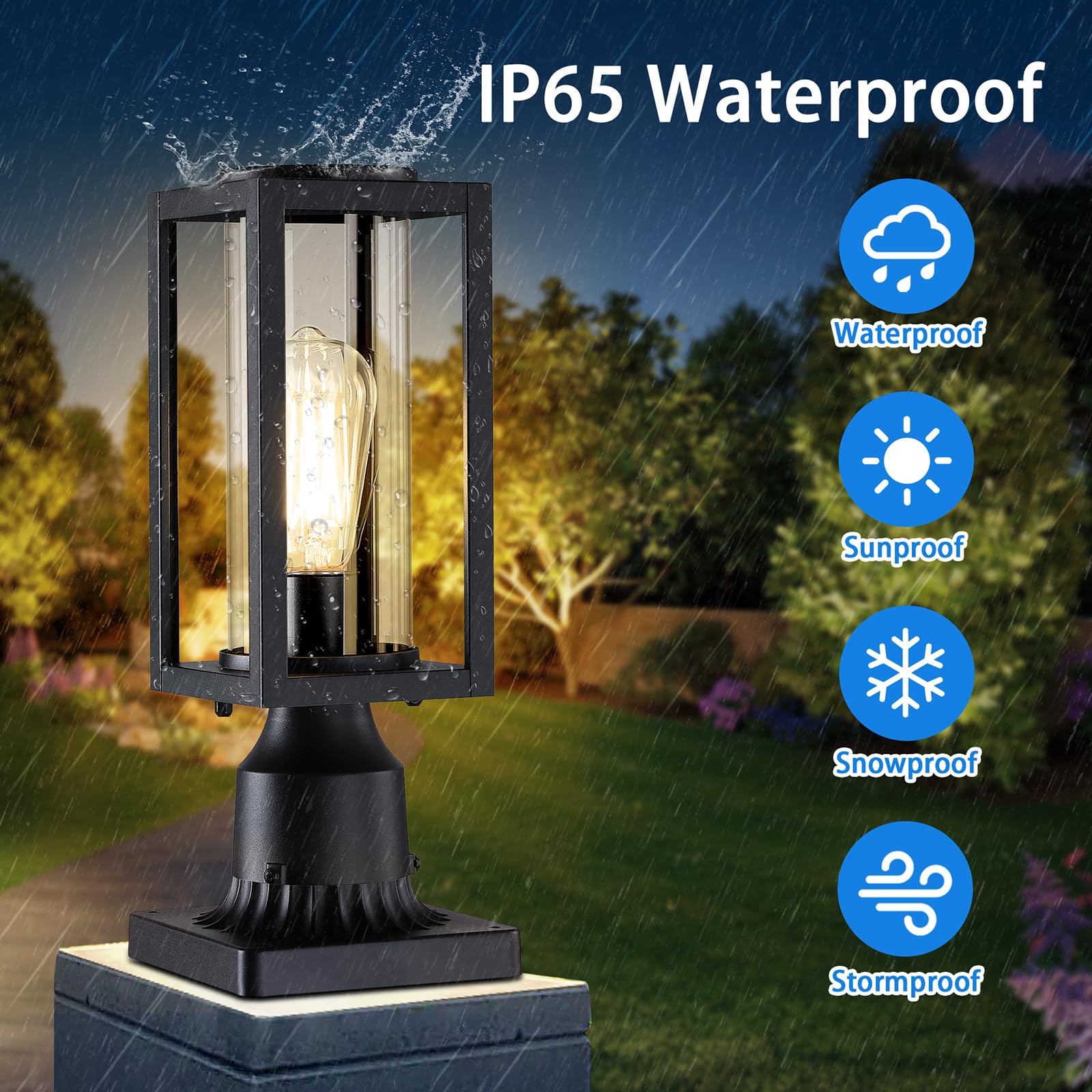 Outdoor Post Lights Lamp Post Light Fixture 2 Pack, Modern Black Exterior Post Lantern Fixture With Tempered Glass, Anti-Rust Al