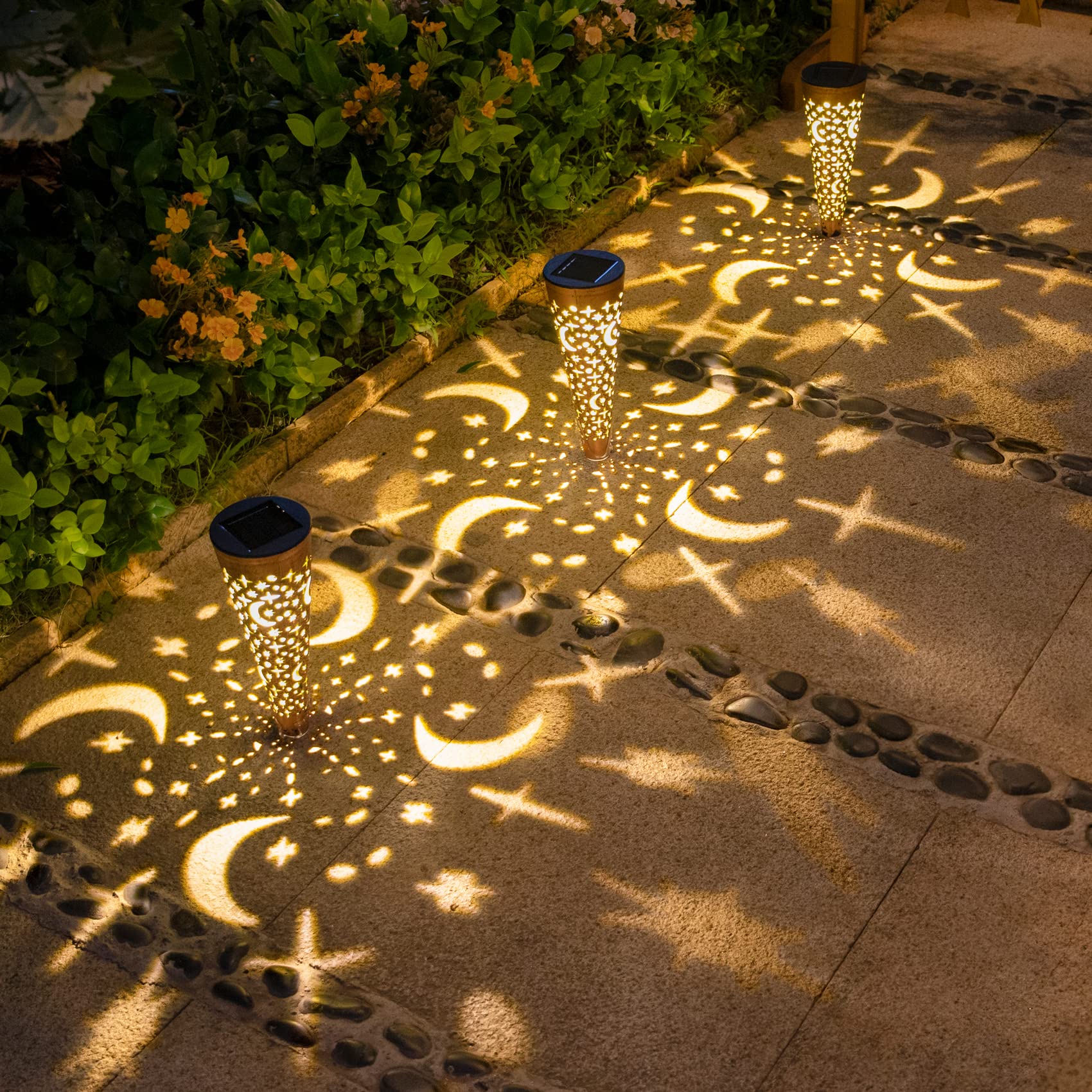 Go2Garden Solar Lights Outdoor Decorative Stake Lights Waterproof With Moon Star For Patio, Pathway, Backyard, Outside Decoratio