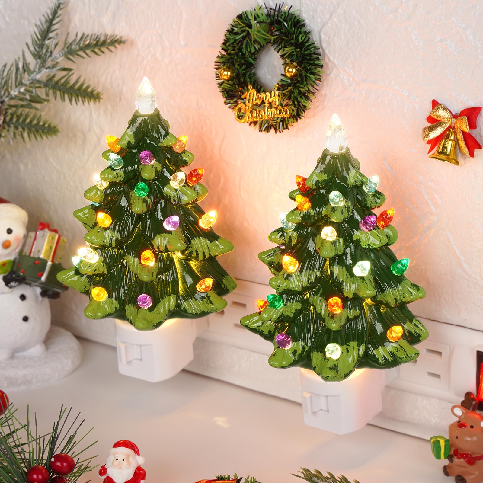 Lakumu 2-Pack Christmas Tree Night Lights, 20 Multicolored LED, Resin, Green Teardrop Topper, Model FH2025004-GR