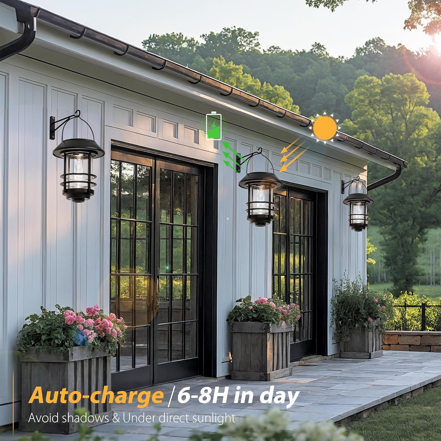 Otdair Solar Lanterns Outdoor 2 Pack, Waterproof Auto On/Off, Hanging Lights for Wall, Porch, Yard, Garden, Classic Black