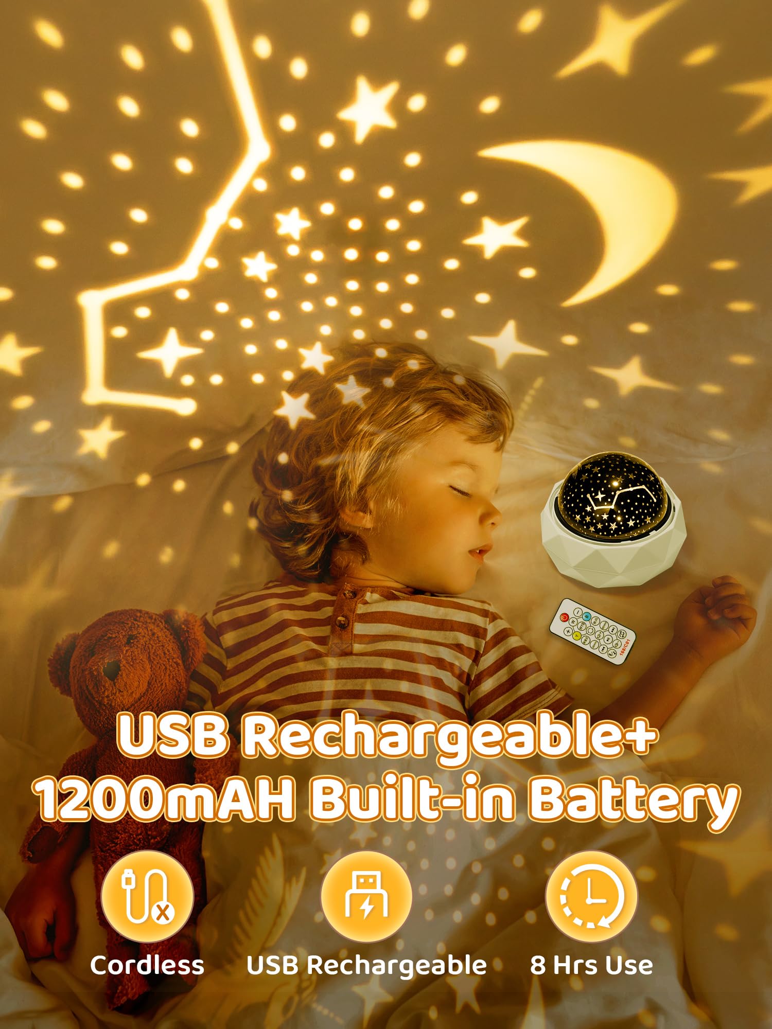 PIKOY Kids Night Light Projector T02 - 12 Lullabies, 8 Colors, 360° Remote Control, White, Ideal for Bedroom & Baby Gifts