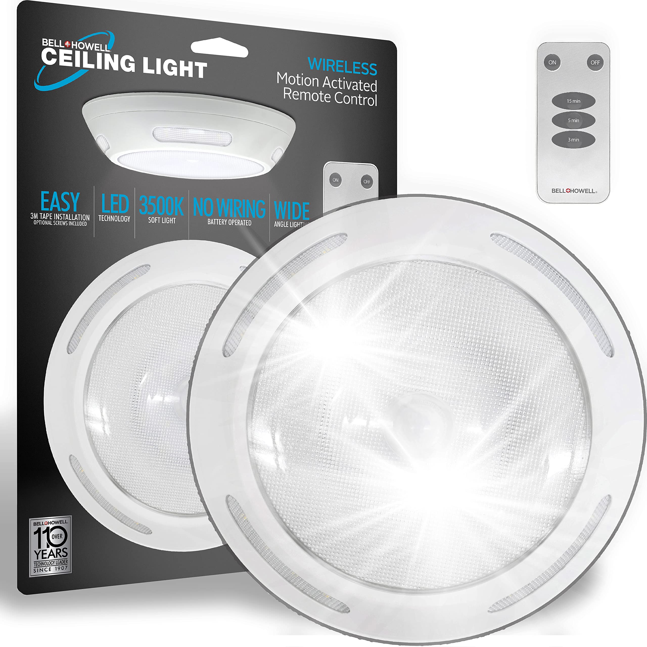 Bell+Howell Wireless Led Ceiling Spotlight, 300 Lumens, Remote Control, Motion & Timer Functions