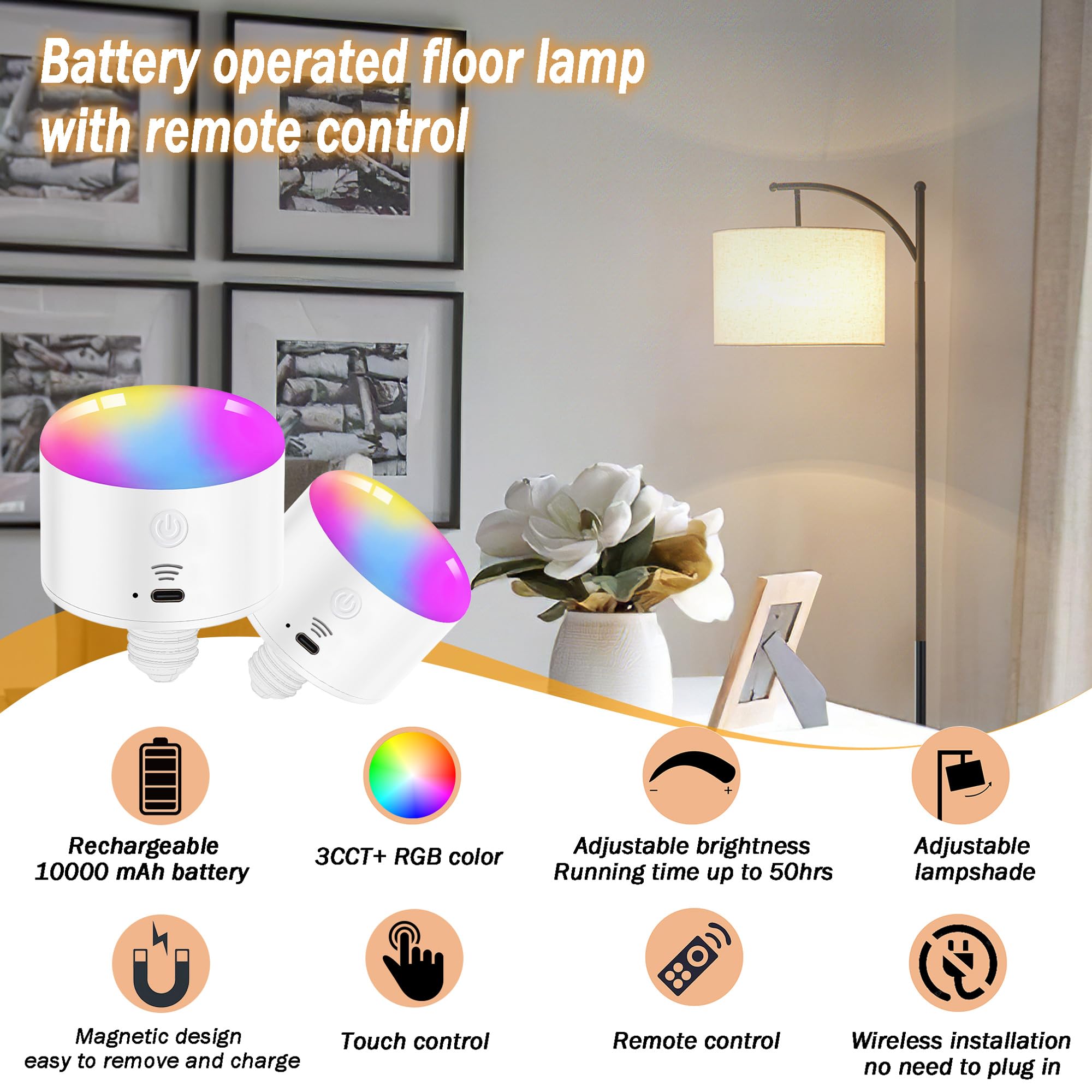 Battery Operated Cordless Floor Lamp With Remote Control For Bedroom, Dimmable Floor Lamp Modern Tall Standing Floor Lamp With L