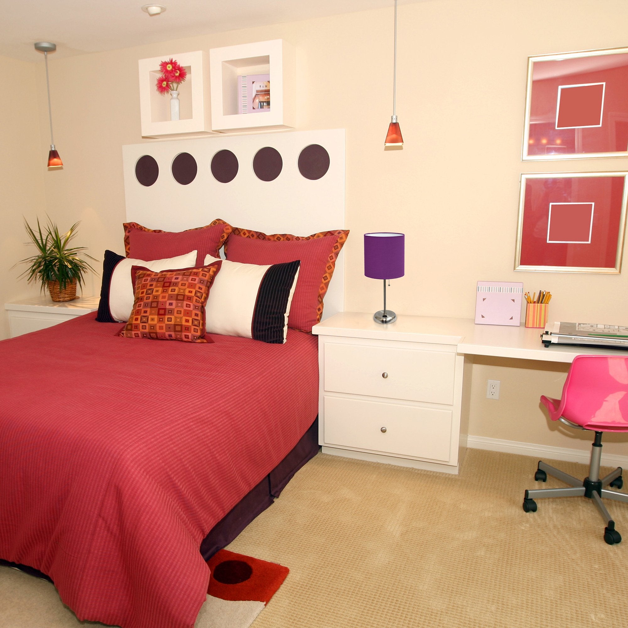 Simple Designs Lt2024-Prp Brushed Steel Stick Table Desk Lamp With Charging Outlet And Drum Fabric Shade, Purple