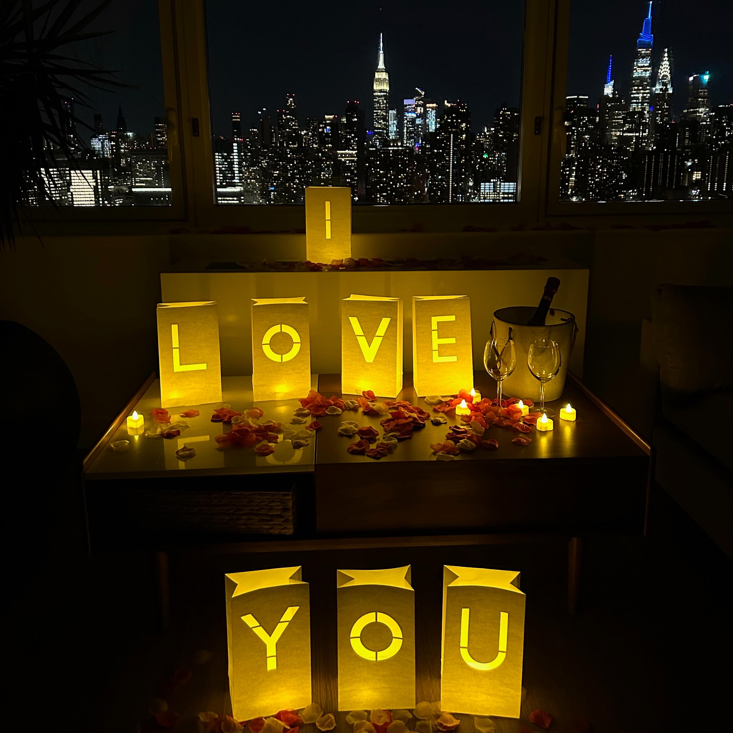 Wymm I Love You Light Up Letters With 30 Tea Lights Candles And 1000 Red & Pink Rose Petals - Luminary Bags For Anniversary Decorations  Valentines Day Decorations & Romantic Bedroom Decor