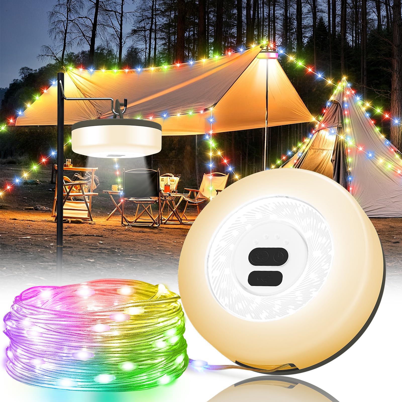 UGDLUCK Camping String Lights, 32.8FT Rechargeable Tent Lamp, 6 Modes, Waterproof, Multicolor, Model CD013