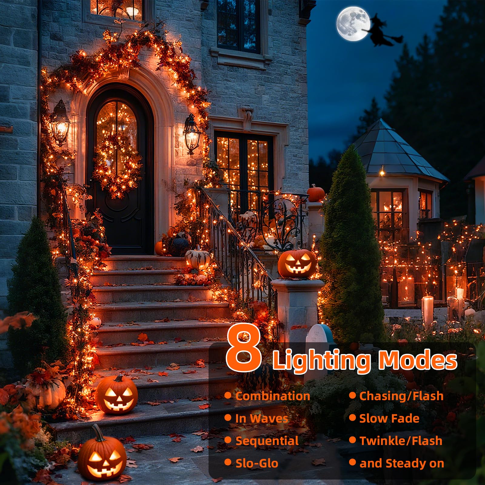 VTECHOLOGY 200LED Orange Christmas Lights, 66FT Connectable String Lights, 8 Modes, Indoor Outdoor Decor, Clear Wire, Model QL300IE