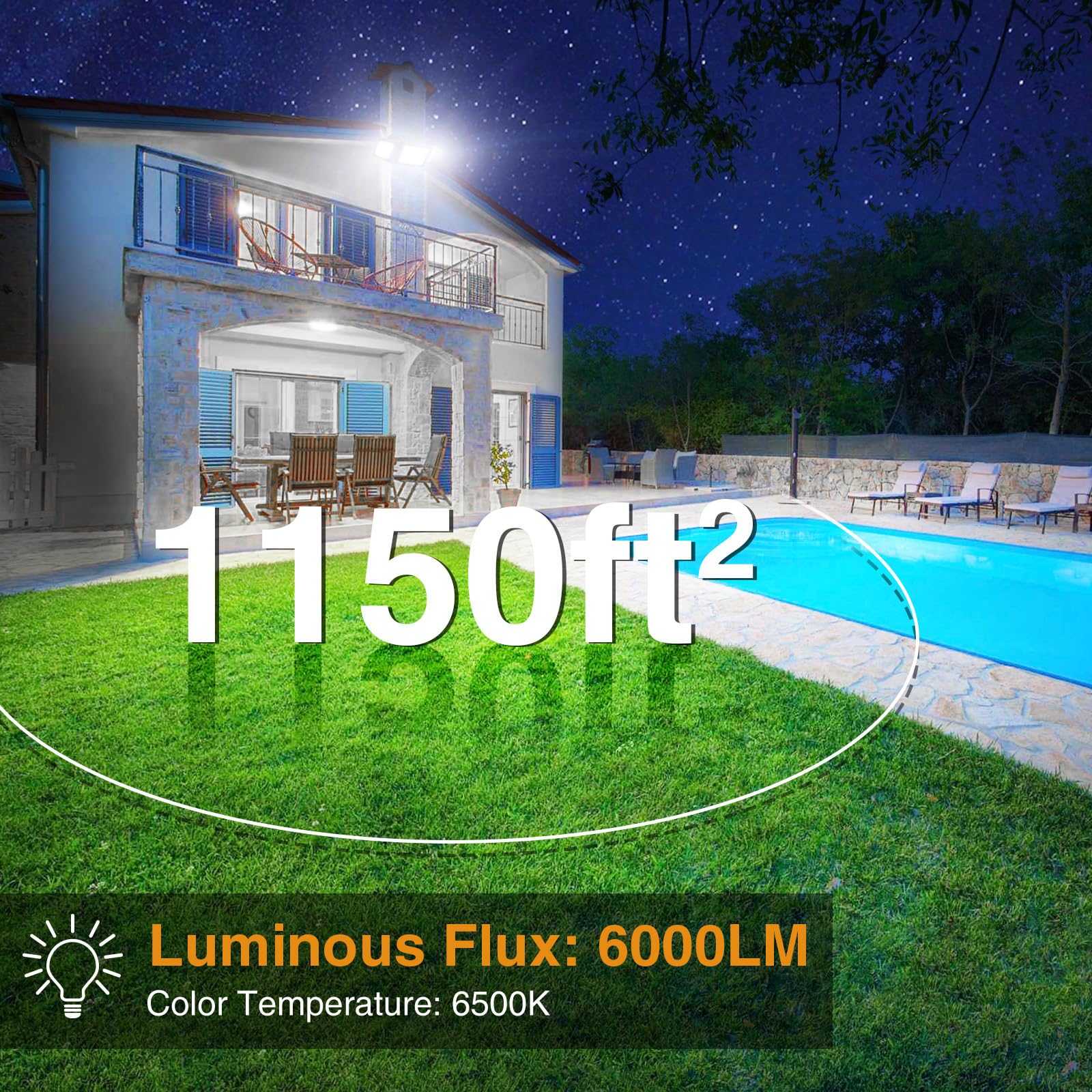 Onforu 60W Outdoor Flood Lights - 6000LM, IP65 Waterproof, 3 Adjustable Heads, Black - Model BDB60-3, 10"L x 4"W x