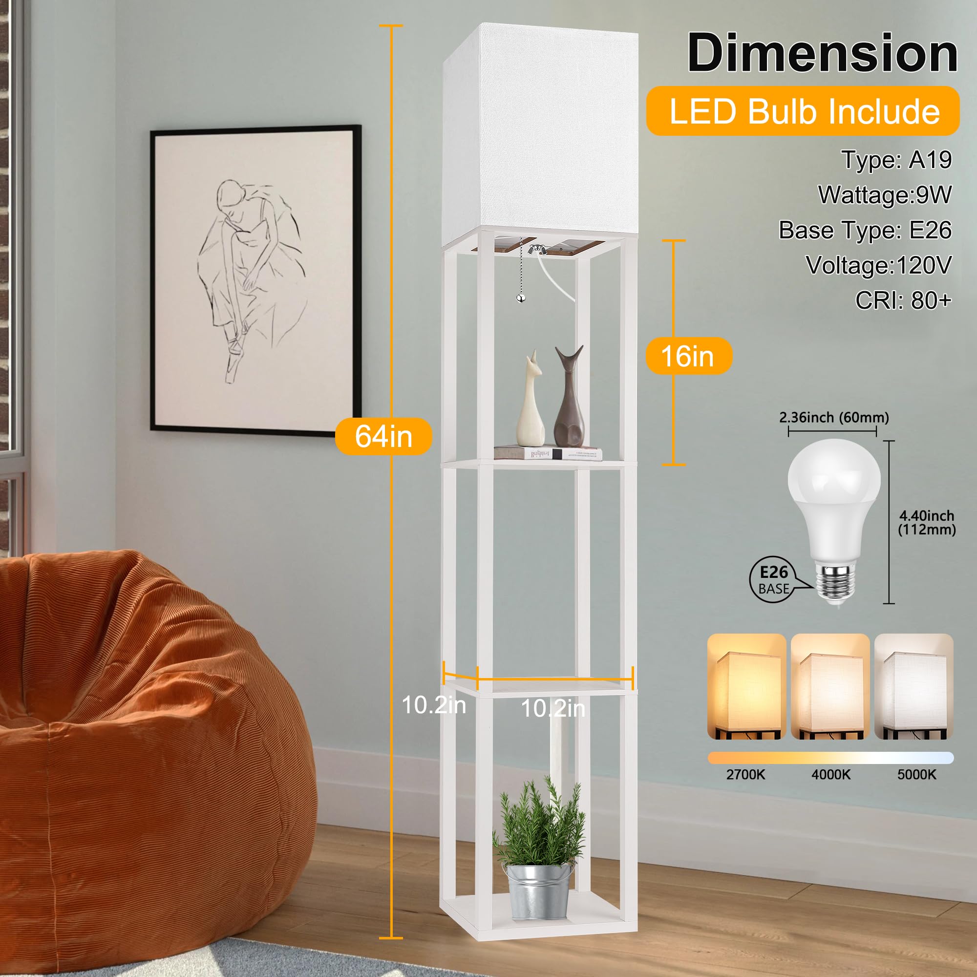 Floor Lamp With Shelves For Living Room White, Shelf Floor Lamp With 3 Cct Led Bulb, Corner Display Standing Column Lamp Etagere