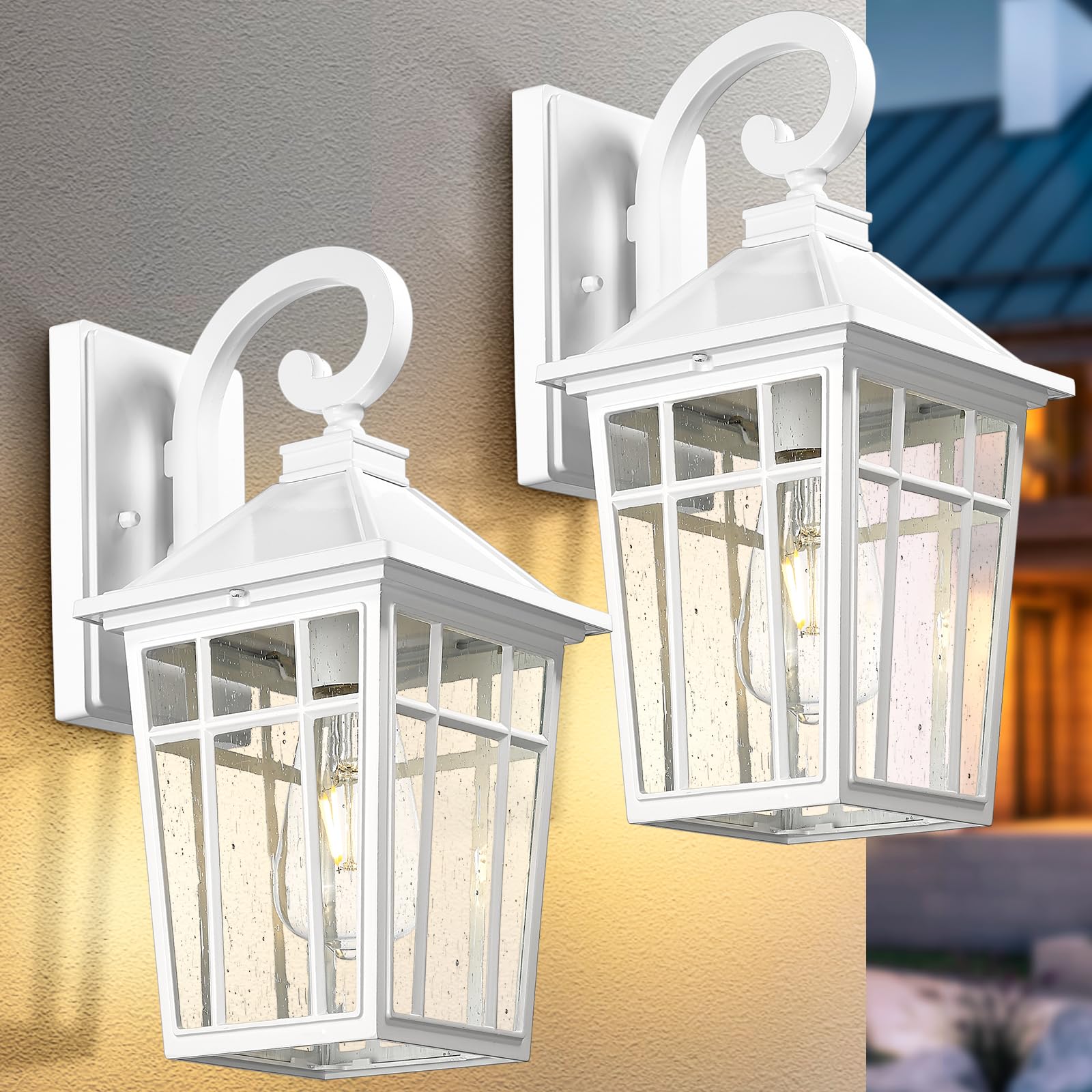 Darkaway Outdoor Wall Lights, Waterproof Sconce Fixtures, Medium-2pcs, White-Seeded Glass, Model 6X24B-2PK WH