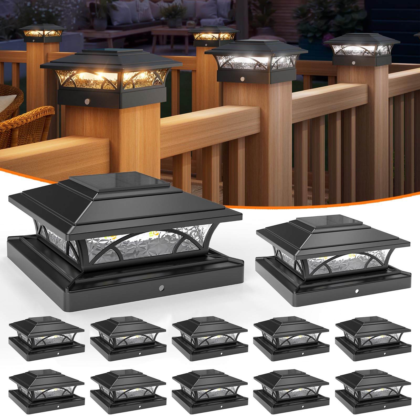 APONUO Solar Post Cap Lights - 12 Pack, Waterproof IP64, Auto On/Off, Warm/Cool White, Fits 4x4, 5x5, 6x6