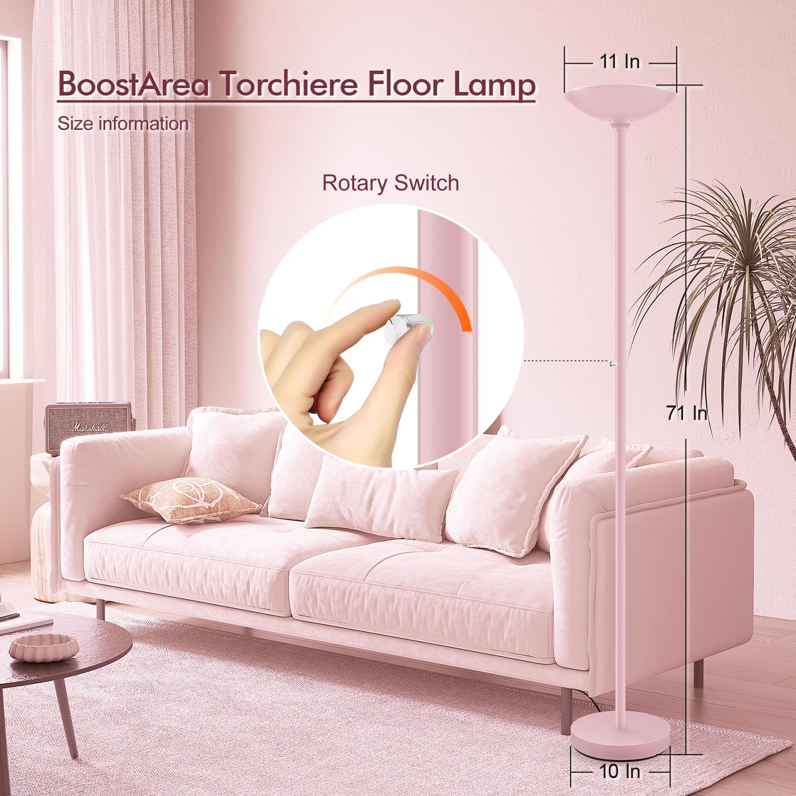 Boostarea Torchiere Floor Lamp Pink, 30W Super Bright Led Standing Lamp, 3000K Stepless Dimmable Pole Lamp With Rotary Switch, 7