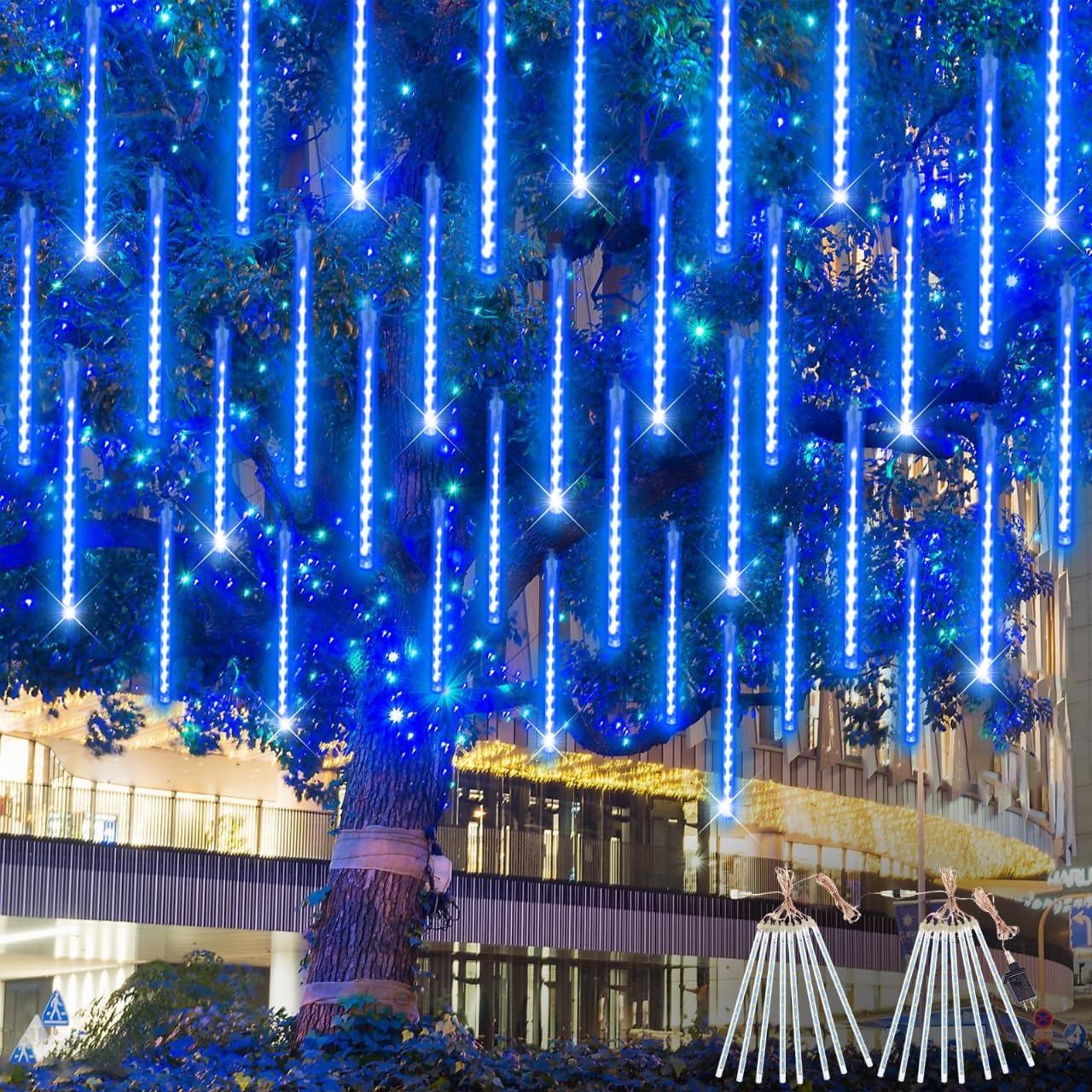 EXF Meteor Shower Lights 16 Tubes 384 LEDs Outdoor Indoor Rain Drop String Lights 2 Pack Plug in Blue Model MLS-D5V3.6WUT-O