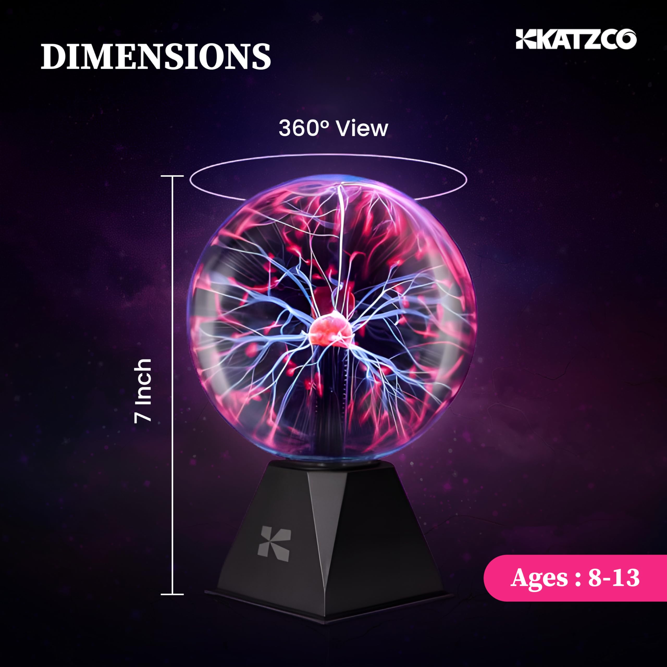 Katzco 7.5-Inch Orange Interactive Plasma Ball - Nebula Sphere, Thunder Lightning, Plug-in - Touch and Sound Sensitive Plasma Gl