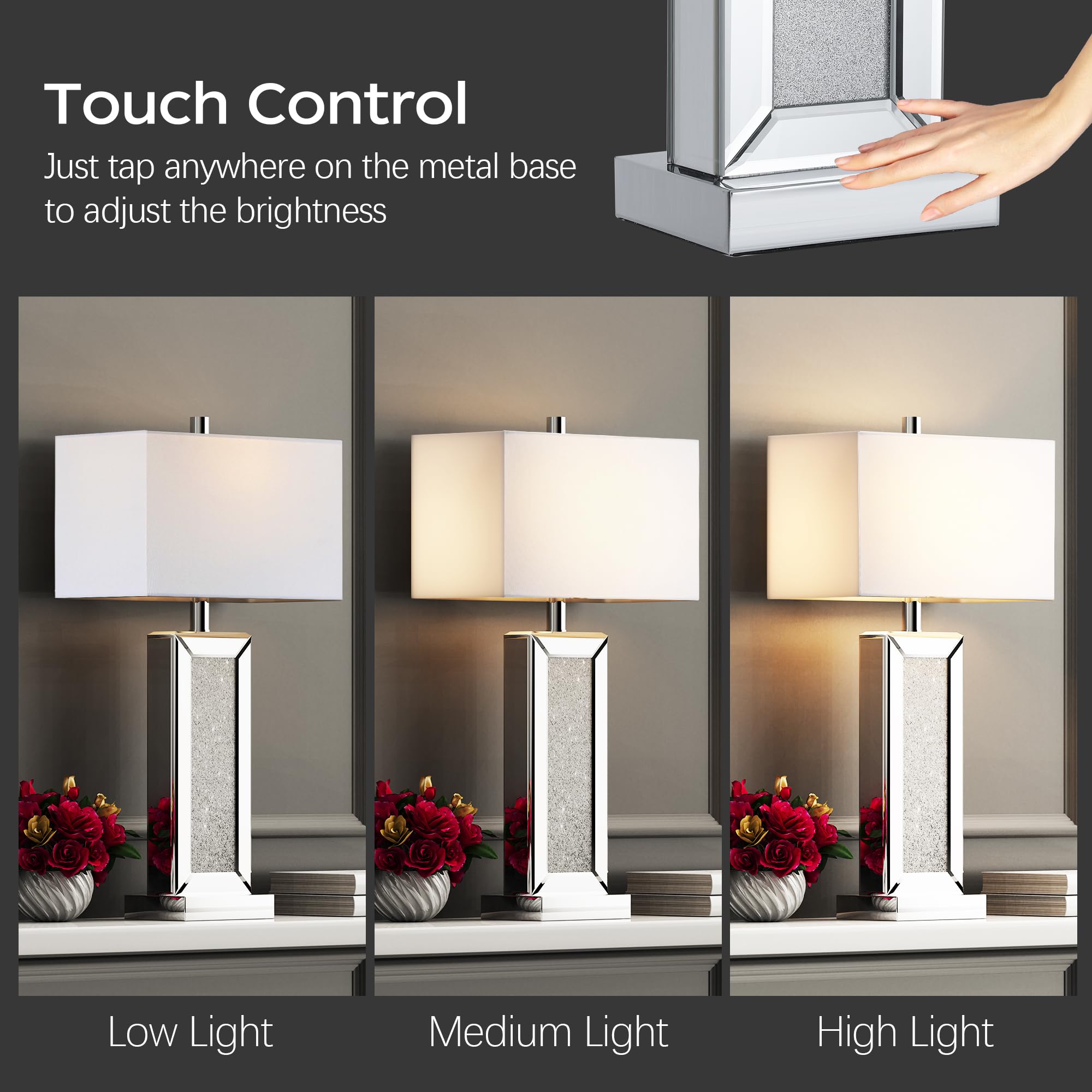 PARTPHONER Modern Table Lamp Set of 2, Silver Crystal Touch Control, 3-Way Dimmable, USB Ports, White Fabric Shade, Model STR-DL-0191